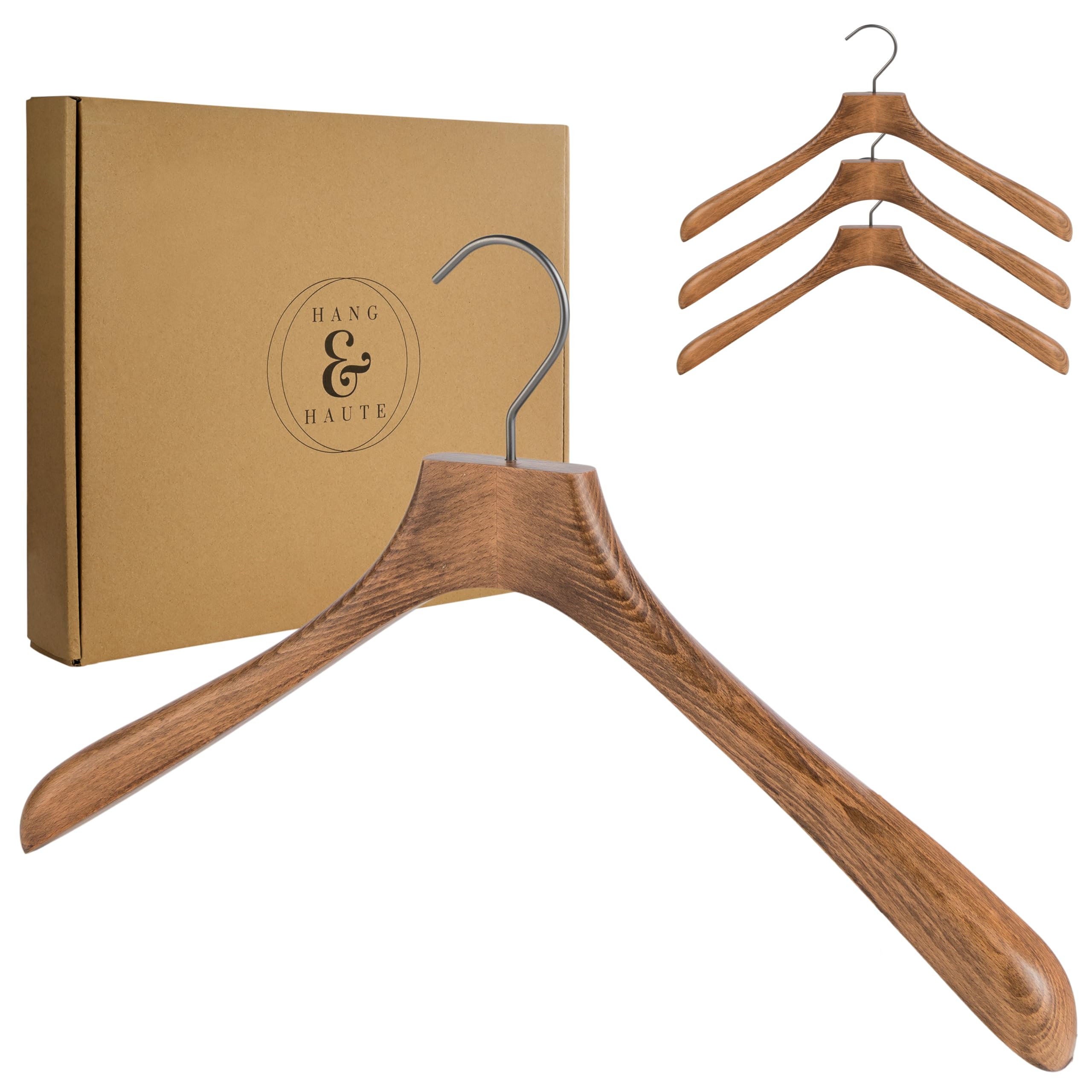 Hang & Haute 4er-Set Premium Holzkleiderbügel, Breit aus hochwertiger Buche, 44cm Standardgröße, Vintage-Design, Anti-Rutsch, Drehbarer Haken 360°, Ideal für Jacken, Mäntel, Anzüge, Hemden, Shirts
