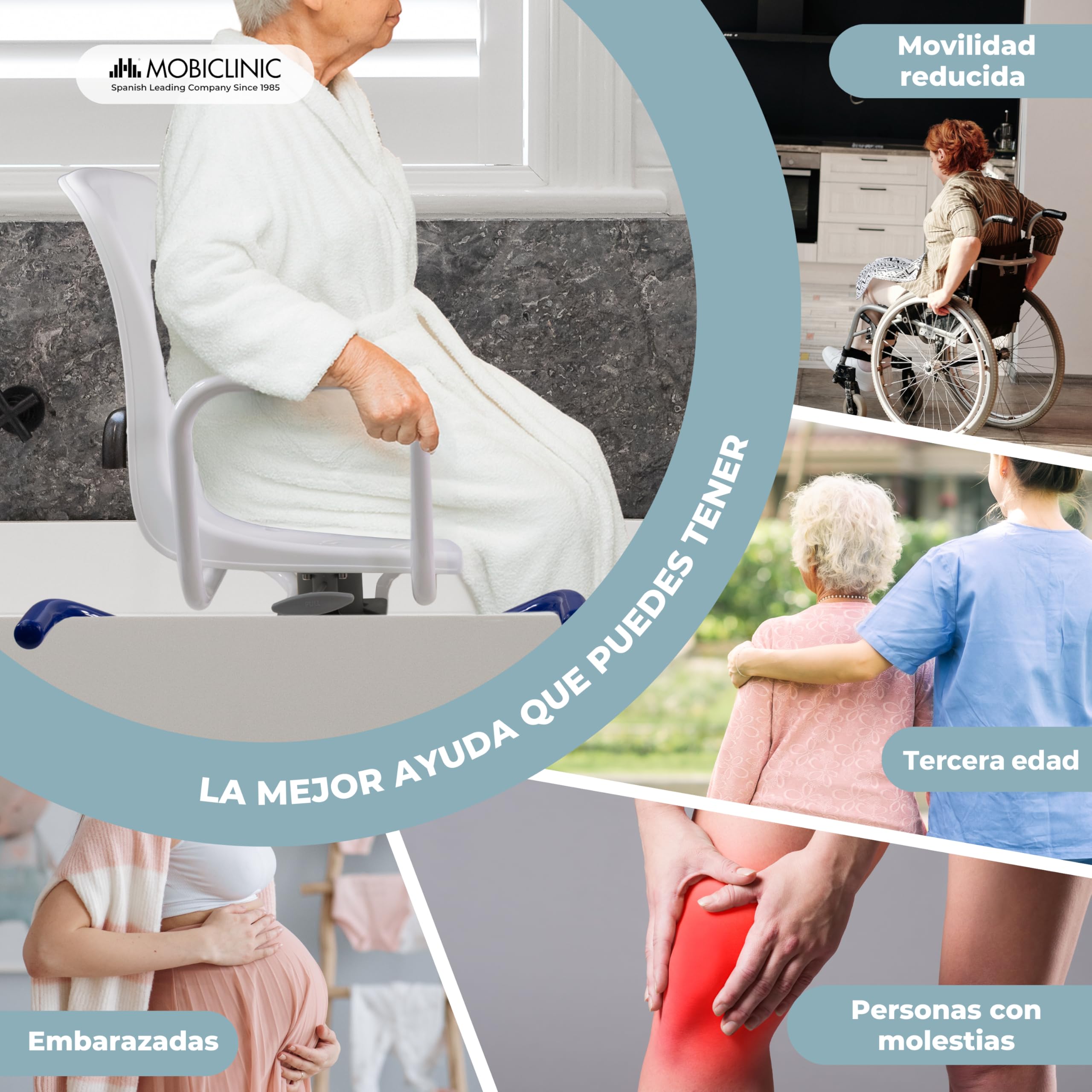 Mobiclinic®, Silla de Baño Giratoria 360º, Reposabrazos y Respaldo, Anatómica, Marca española, Resistente al Agua, para Personas Mayores, con discapacidad o Movilidad Reducida, Lago