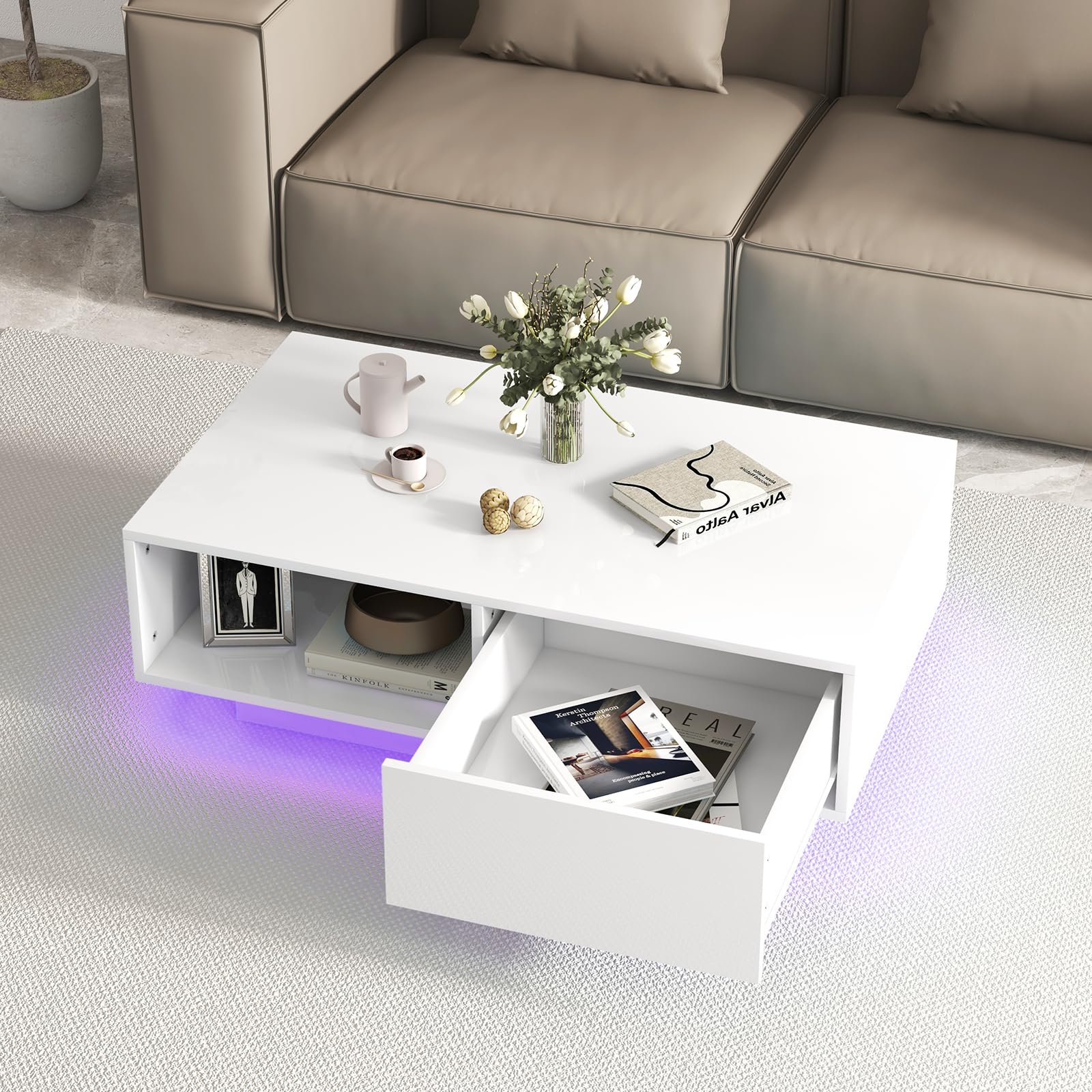 RELAX4LIFE Tavolino da Caffè Moderno 95x55x31cm, con 20 Luci LED Regolabili e Telecomando, in Legno con Finitura Lucida, Cassetto a Pressione e Ripiano Aperto, per Soggiorno, Max 65kg (Bianco)