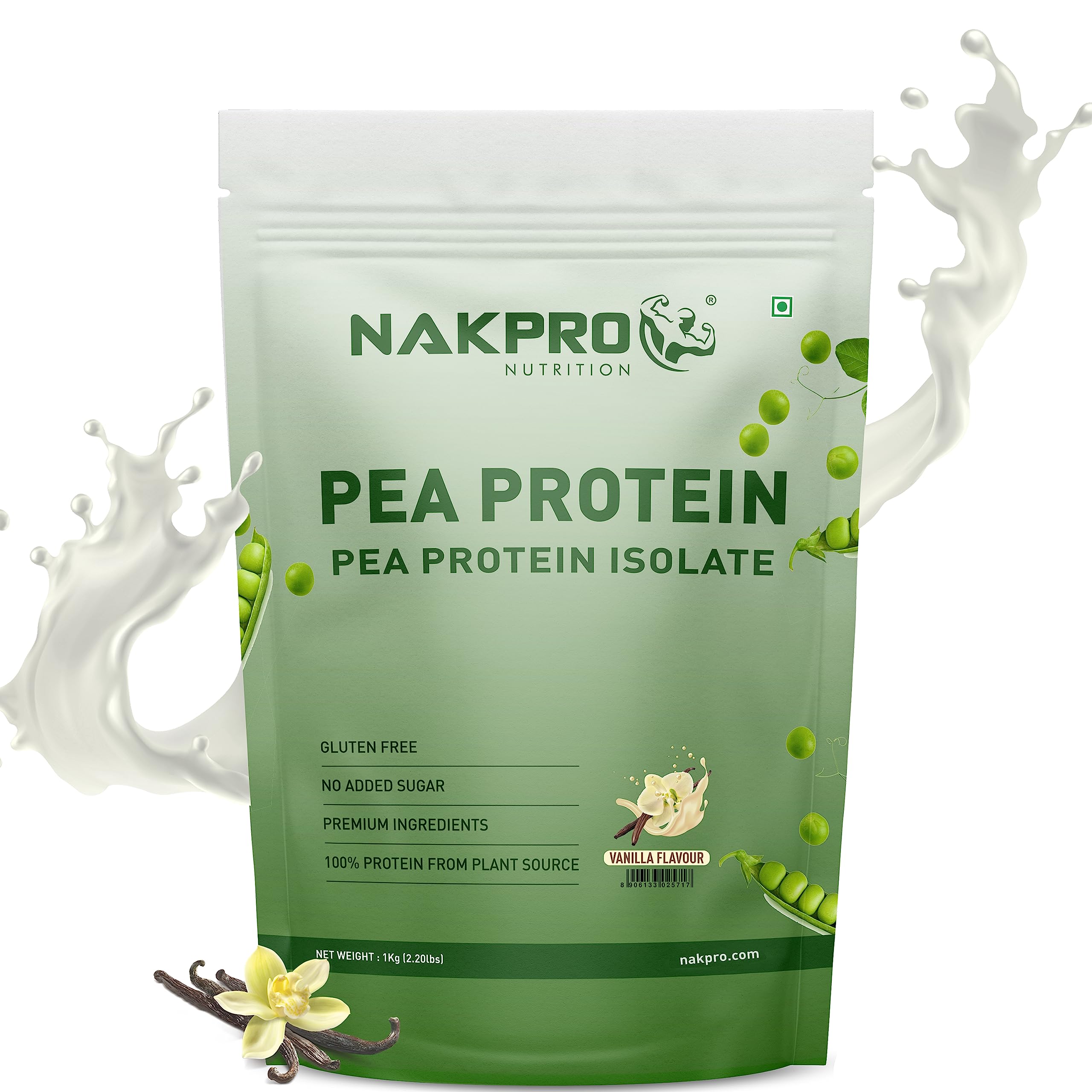 NAKPRO 100% Pea Protein Isolate, Vanilla - 1kg | 26g Protein, 4.9g BCAA | Natural Vegan Plant Protein Powder | Easy To Digest | All Essential Amino Acids for Muscle Gain and Recovery