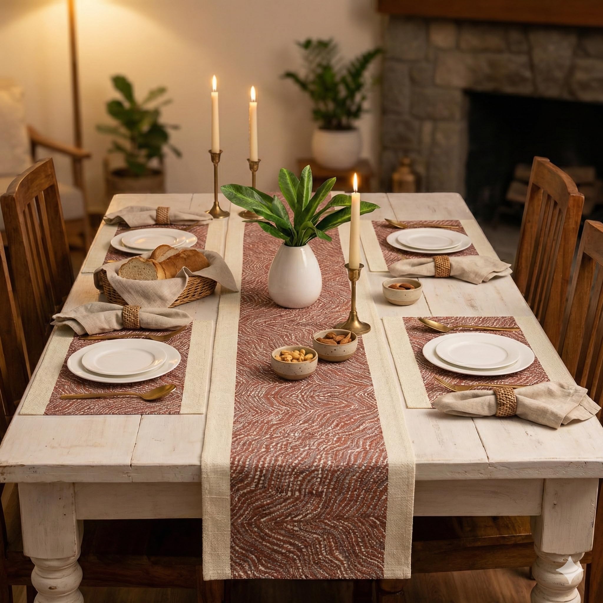 YELONA Placemats and Table Runner Set – Heat Resistant, Non-Slip & Washable PVC Vinyl Dining Table Mats – Walnut Brown (4 Placemats: 45x30 cm, 1 Runner: 180x30 cm)