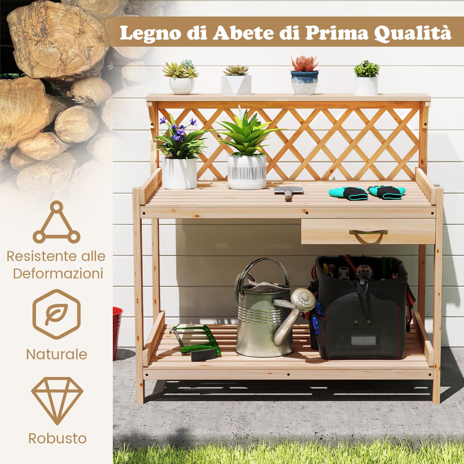 COSTWAY Tavolo per Piante in Legno, Tavolo da Giardino con Traliccio, Cassetto Rimovibile e Ripiano, Tavolino per Vasi di Fiori da Interno ed Esterno per Cortile, Balcone, Prato e Terrazzo