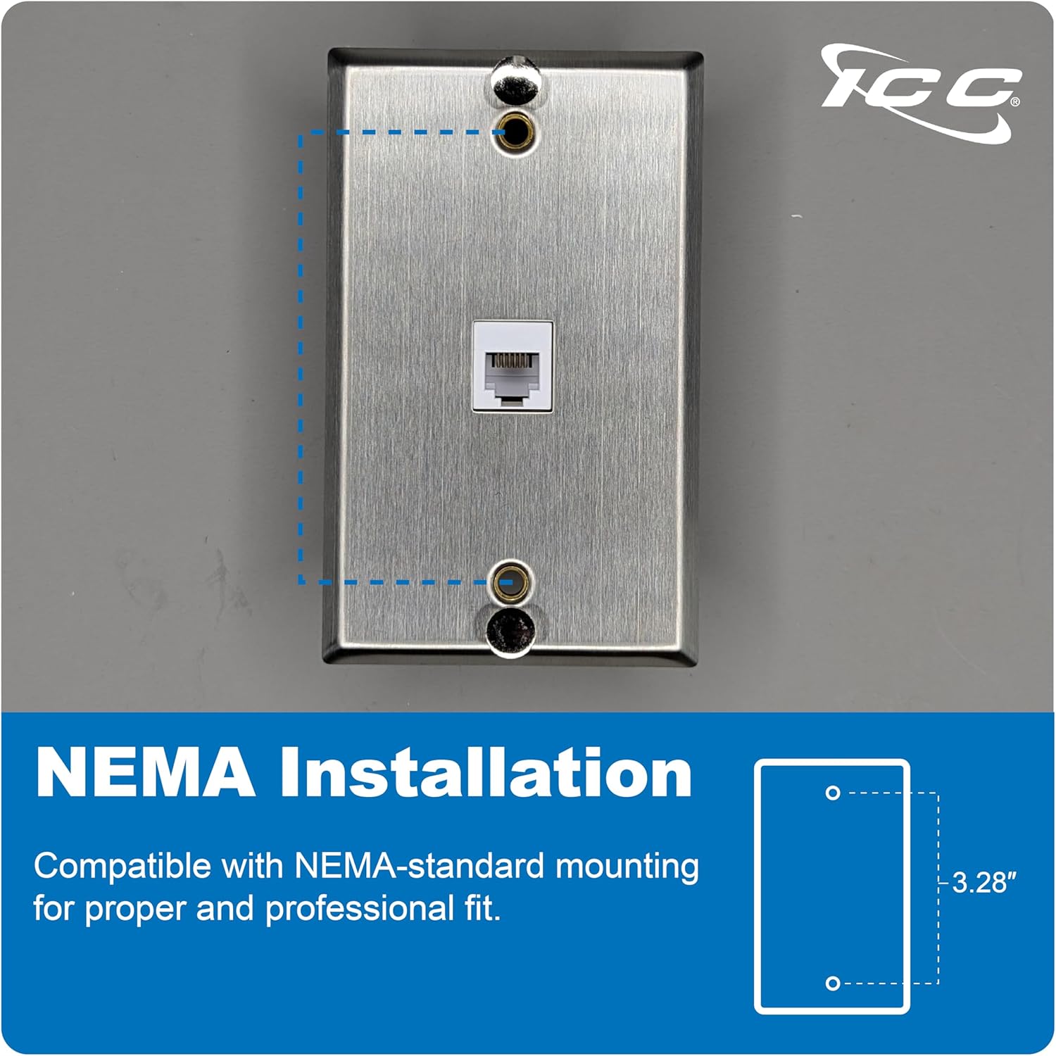 ICC 1-Port Keystone Wall Plate (10 Pack), UL Listed, Stainless Steel with Hanging Standoffs, Single Gang Wall Plate for RJ45, RJ11/RJ12 6P6C Jack, Brushed Finish
