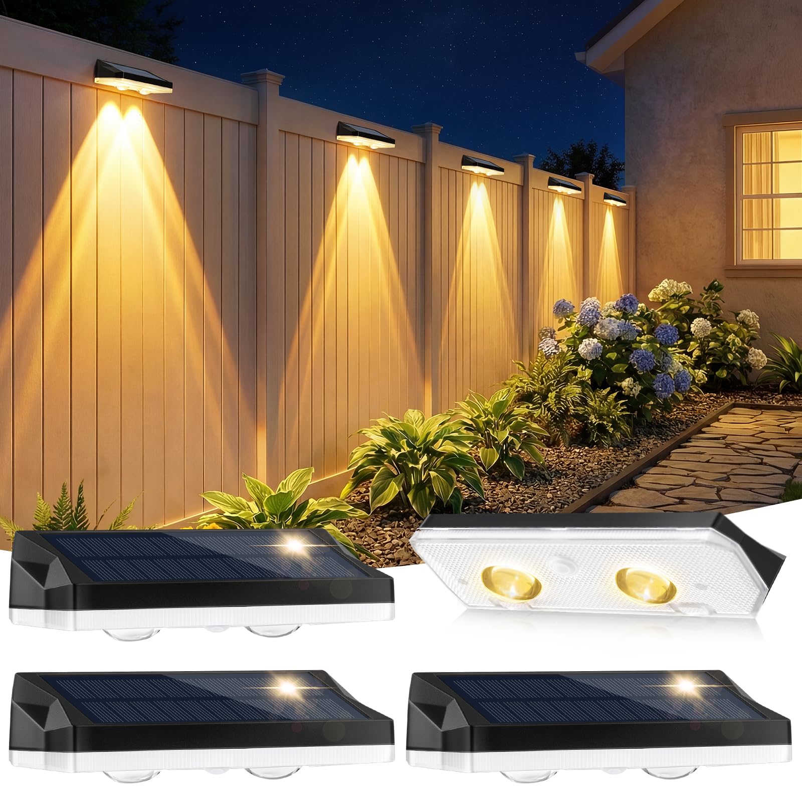 shirylzee Solar Fence Lights Outdoor,4 Pack Wall Solar Lights, IP65 Waterproof,11 Colors &13 Modes RGB, Garden Fence Lights Solar Powered for Patio/Backyard/Porch/Pool Decorations