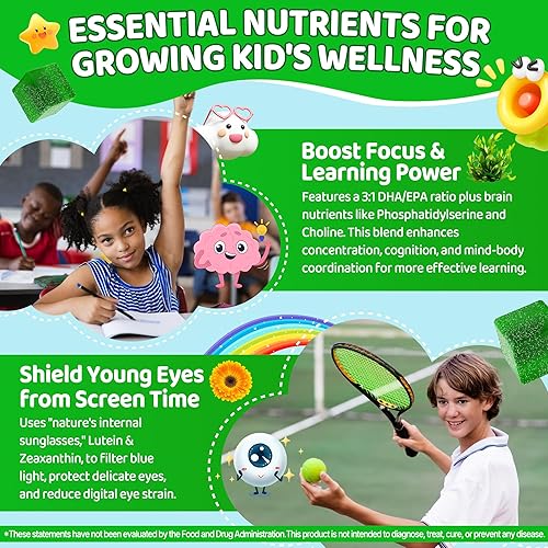 Miniatura 6 de Multivitaminas para niños + gomitas Super Greens para mayores de 4 años, con espirulina, clorella, espinacas, brócoli, calcio, omega-3 (DHAEPA),