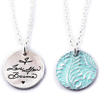Personalized Handwriting Necklace, Memorial Jewelry, Silver Signature pendant, Circle with Your Choice of Design on the Back and Colour