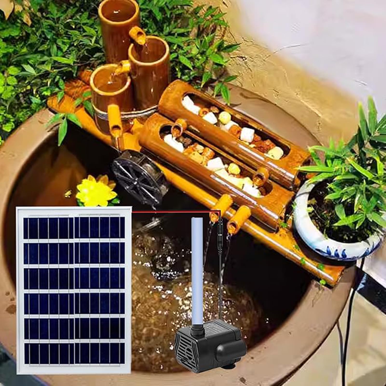 asdchZen Solar Bamboo Water Fountain, Handmade Zen Garden Fountain, Freestanding Water Circulation Fountain, Natural Bamboo Fountain For Fish Tank, Bird Bath, Balcony, Pond, 16In,20in(50cm)