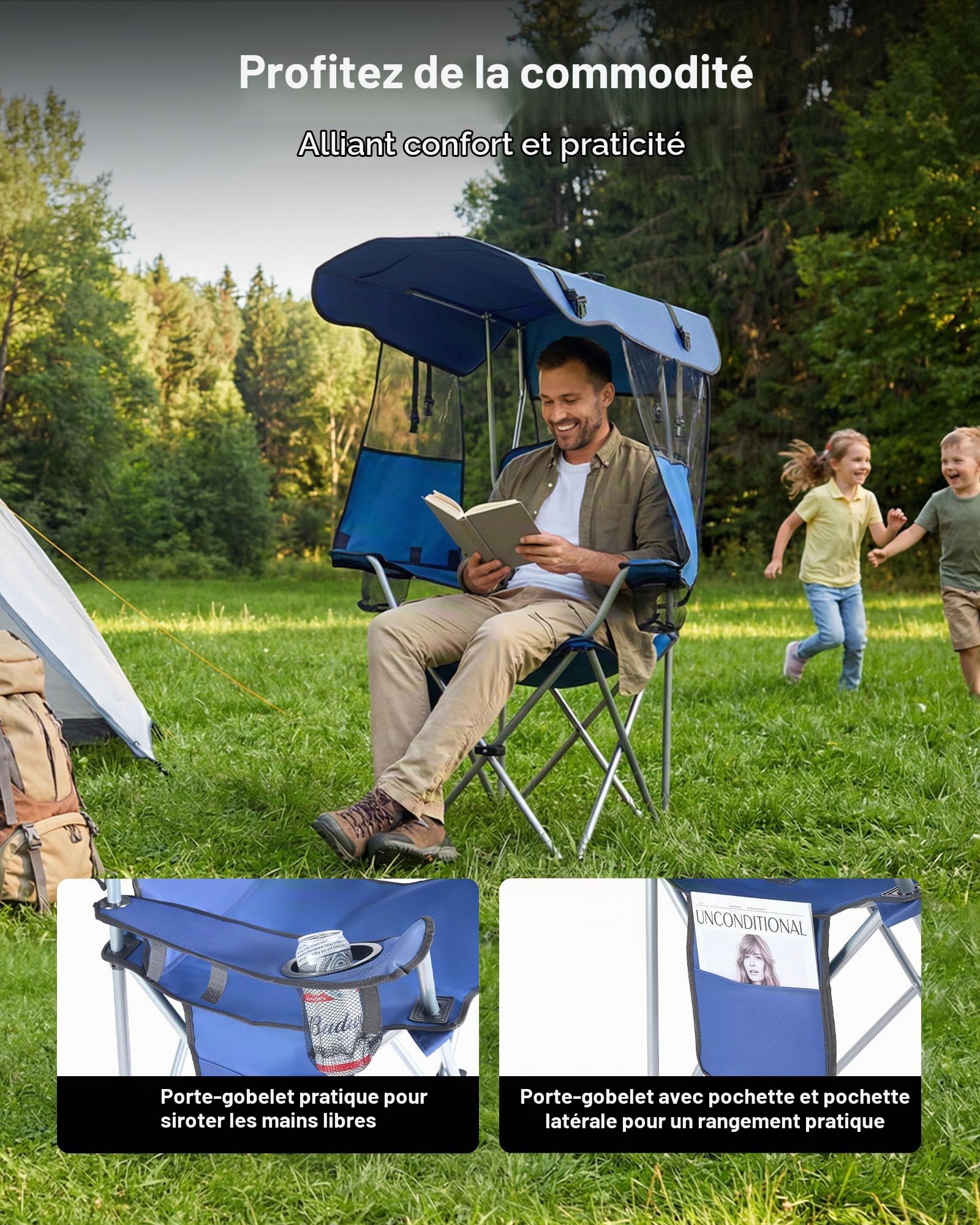 VEVOR Chaise de Camping Pliante avec Auvent, Fauteuil Pliable Camping Charge Maximale 150 kg, pour Pique-Nique Randonnée Pêche en Plein Air, avec Porte-gobelet et Pochette pour Magasines, Bleu Foncé