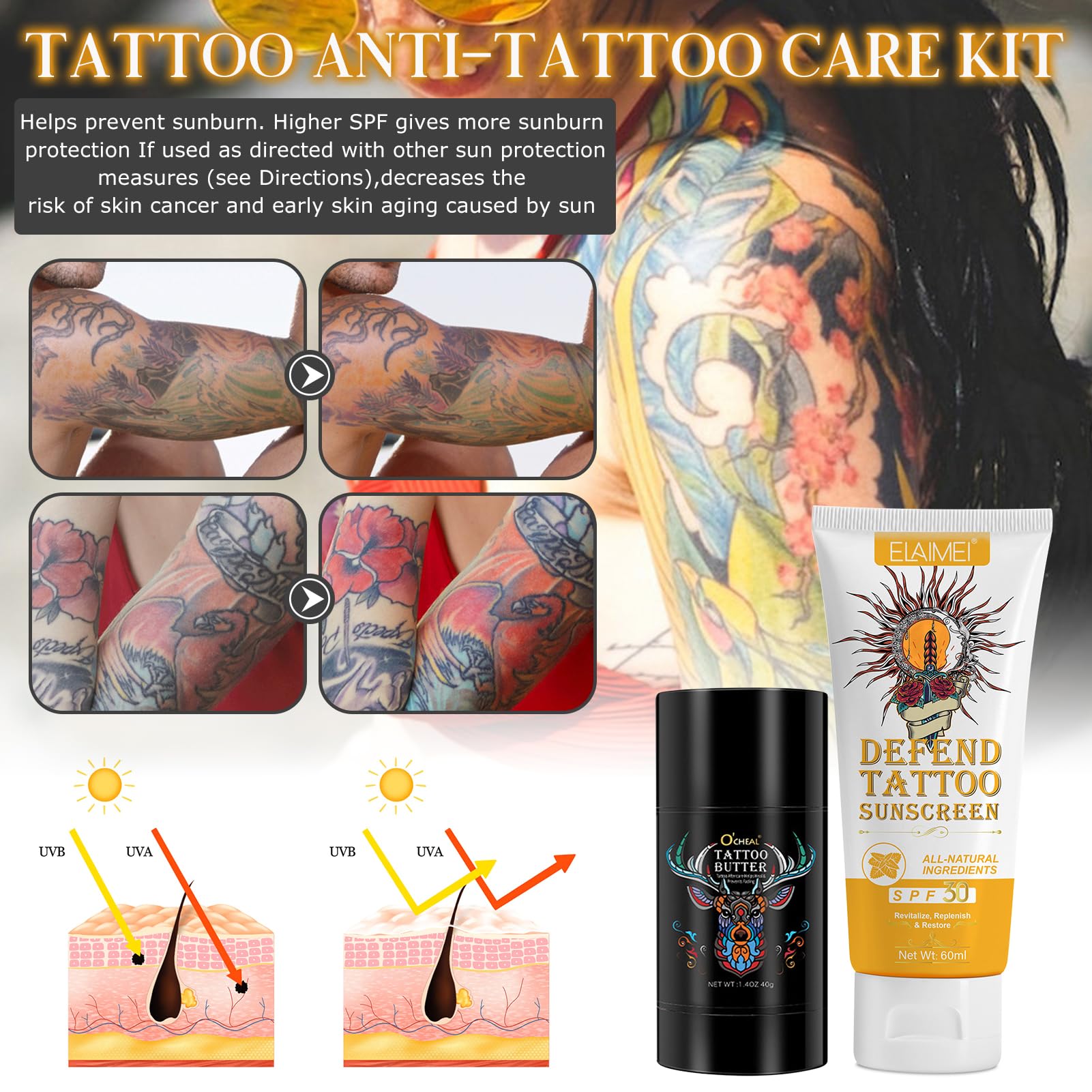 Crema Solar para Tatuajes con Protección UVA/UVB, Mantequilla para Tatuajes
