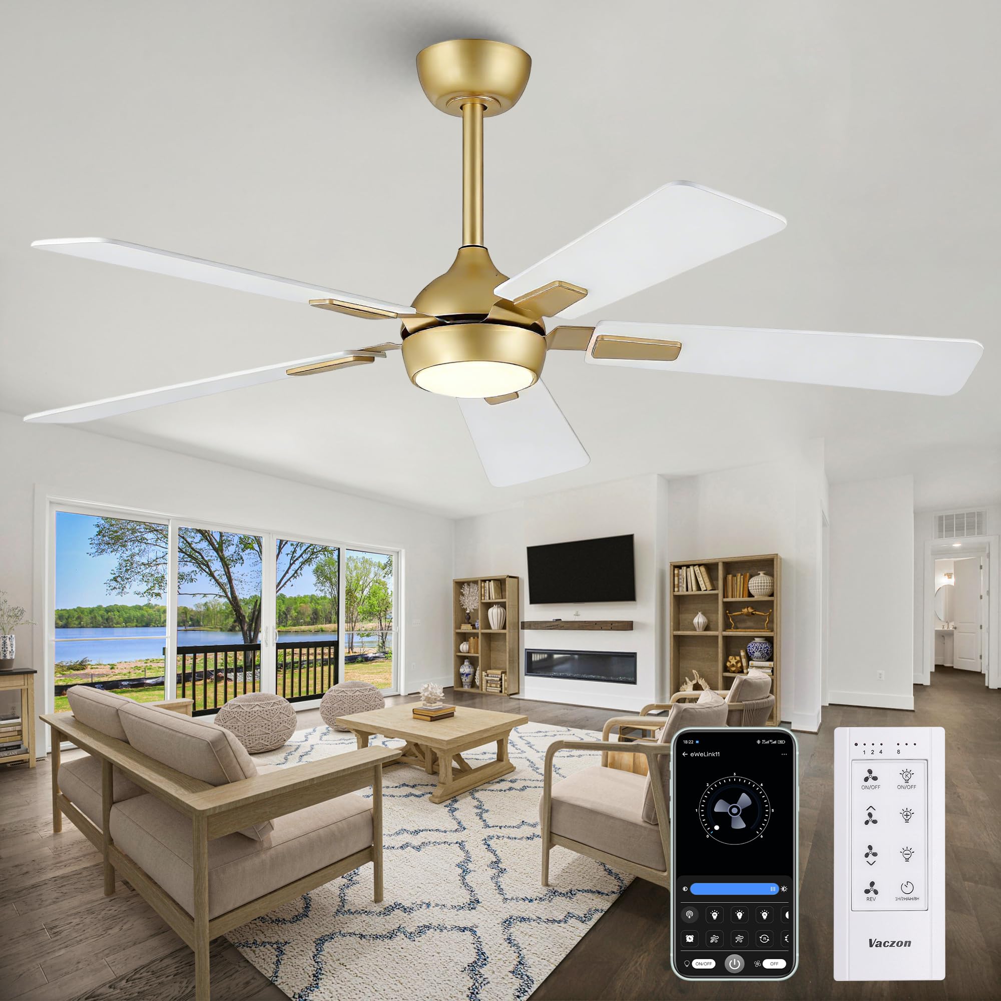 Photo 1 of Vaczon 52" White Gold Ceiling Fan with Light and Remote, DC Motor Ceiling Fan with LED Light, 6-Speed Reversible, Dimmable 3CCT, Modern Ceiling Fan for Bedroom Living Room