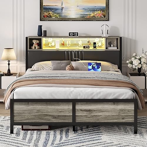 Queen Bed Frame with LED Lights and Charging Station, Upholstered Platform Bed Frame Full with Storage, Strong Metal Slats Support, No Box Spring Needed, Noise-Free, Easy Assembly, Wash Grey