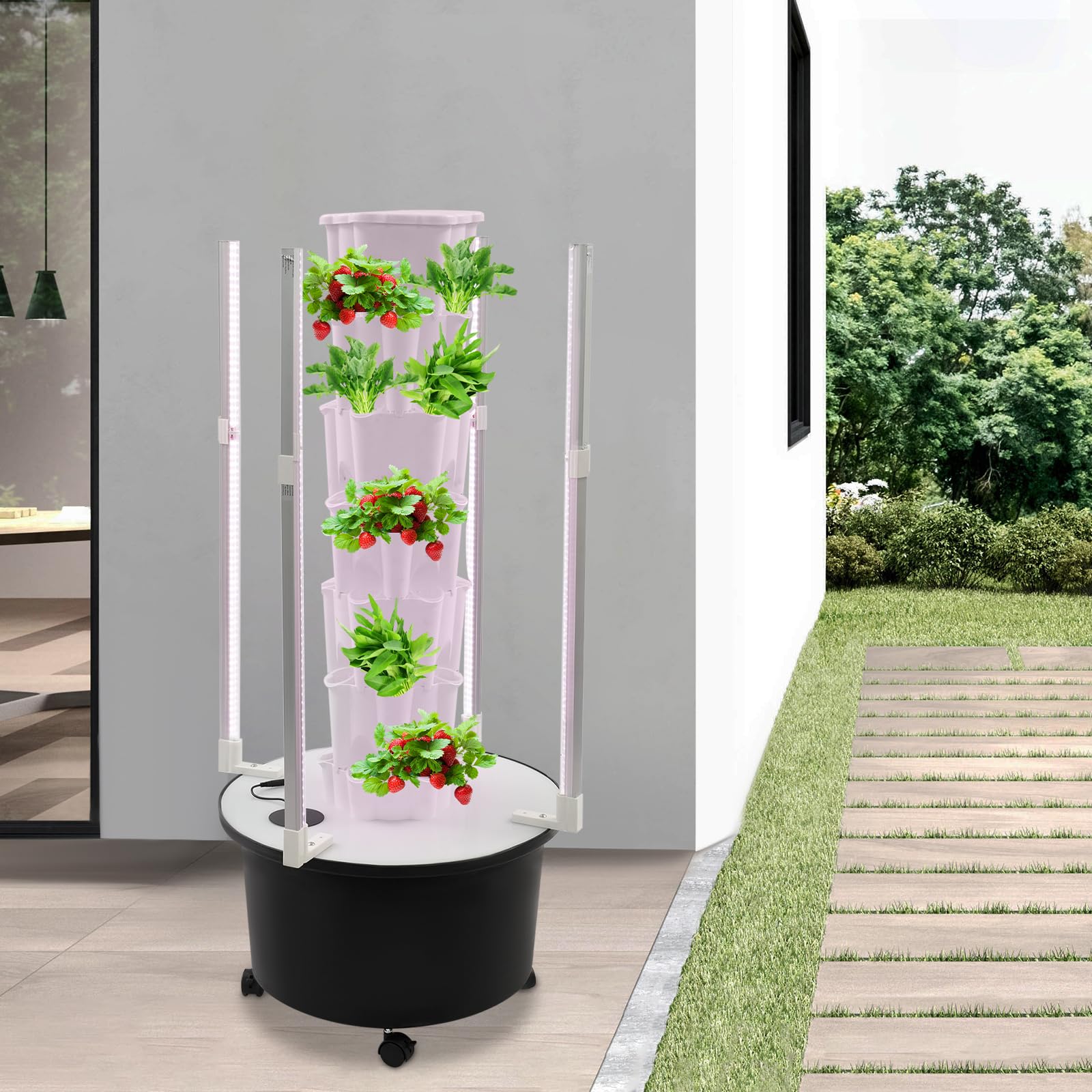 Torre idroponica, 6 piani, 36 fori per piante, sistema di coltivazione idroponico, set completo con luce a LED e pompa di irrigazione, giardino verticale mobile con ruote per erbe, insalata, fragole