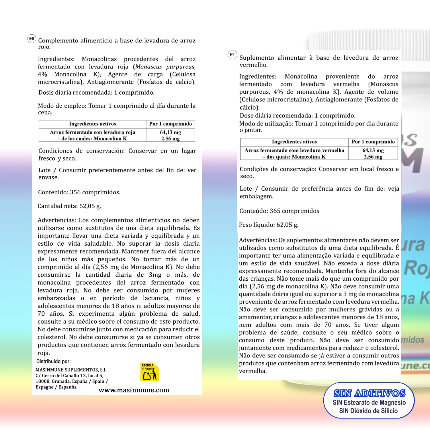 Levadura de Arroz Rojo con Monacolina K 2,56 mg por comprimido - 365 comprimidos - 1 año de suministro - 1 al día | Levadura nutricional - Complemento alimenticio vegetal - Masinmune