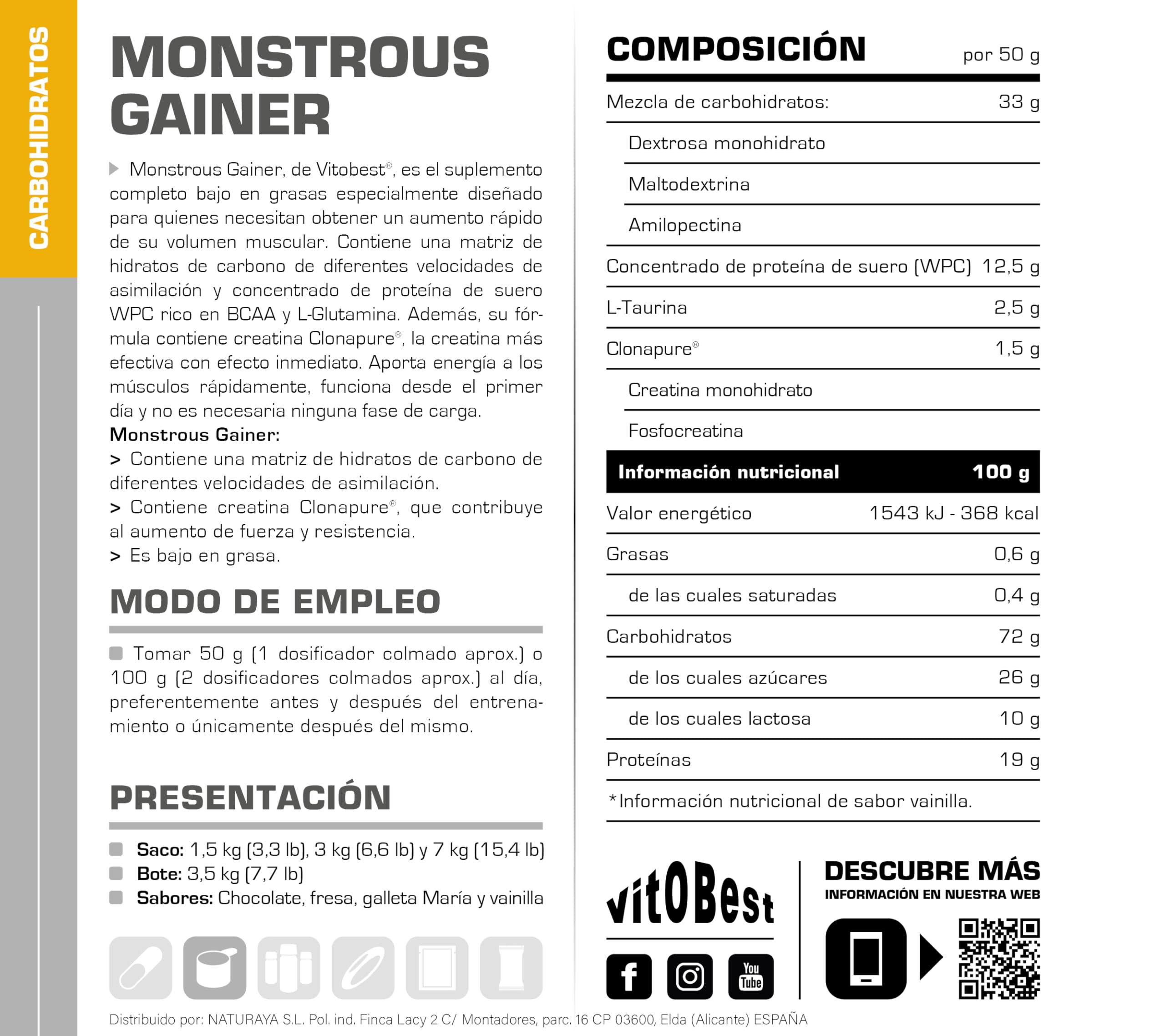 VITOBEST | Carbohidratos Monstrous Gainer | Contribuye a aumentar la masa muscular y el peso corporal | Carbohidratos + proteína WPC + Creatina Clonapure® Sin gluten | Sabor Chocolate - 3 kg