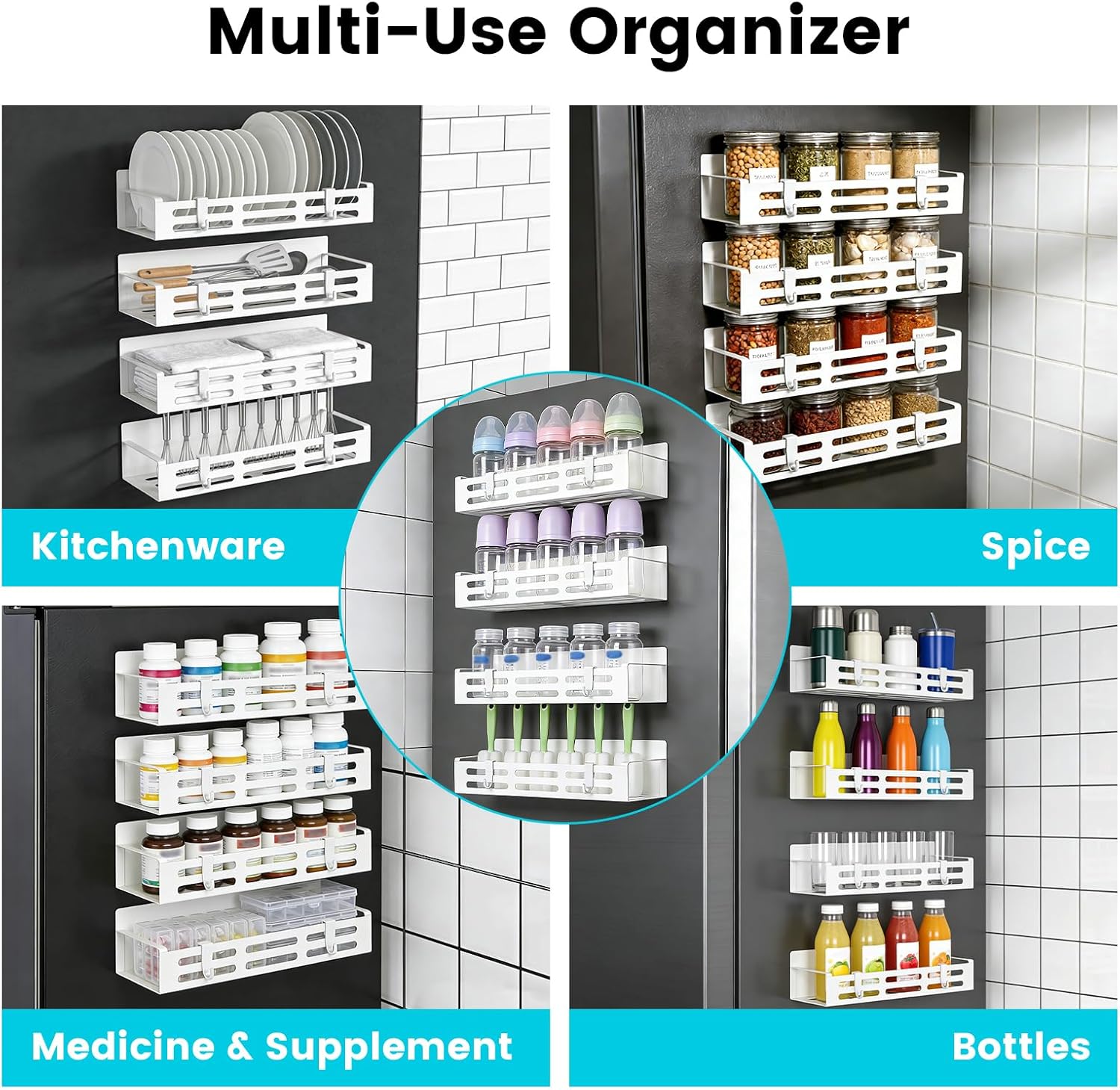 4 Pack Magnetic Baby Bottle Organizer for Refrigerator, Space Saving Bottle Organizer Rack, Durable Metal Shelves with 8 Hooks, Storage for Baby Bottles, Pacifiers, and Brushes