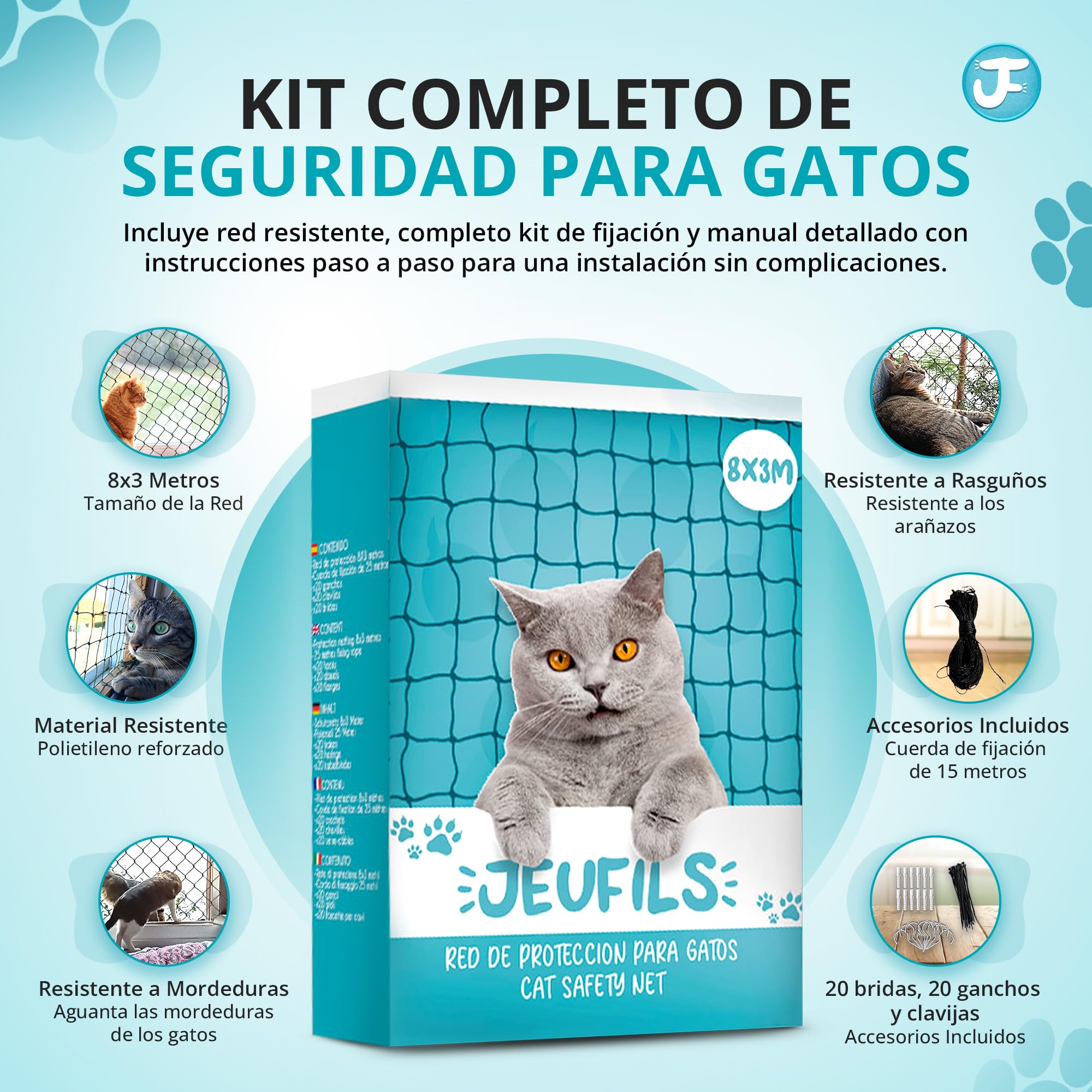 Red para Gatos Terraza (8x3m) | Red Gatos, Incluye Set de Fijación, Manual de Instrucciones - Red Gatos terraza (Color Negro) - Red para Gatos