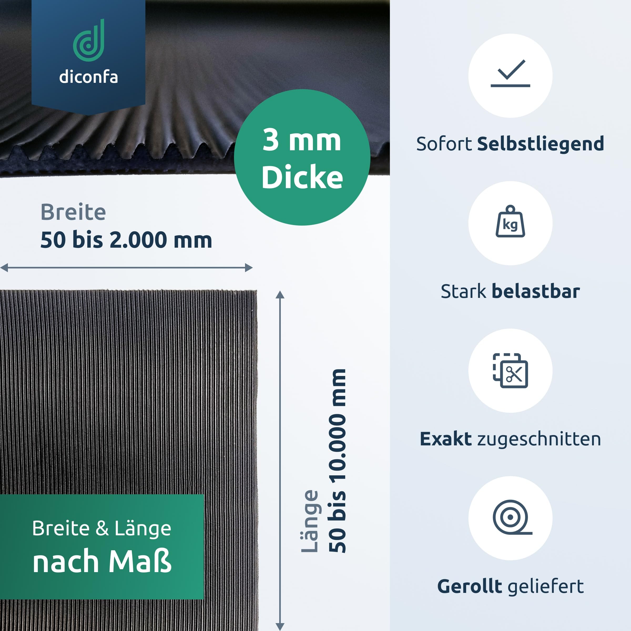 diconfa Feinriefenmatte Gummimatte 3mm stark - BREITE 0,1m bis 2m - LÄNGE 0,05m bis 10m - Auswahl 1m x 1,5m (1000mm x 1500mm) - Feinriefe Gummi Antirutsch Rillenmatte Meterware rutschfest