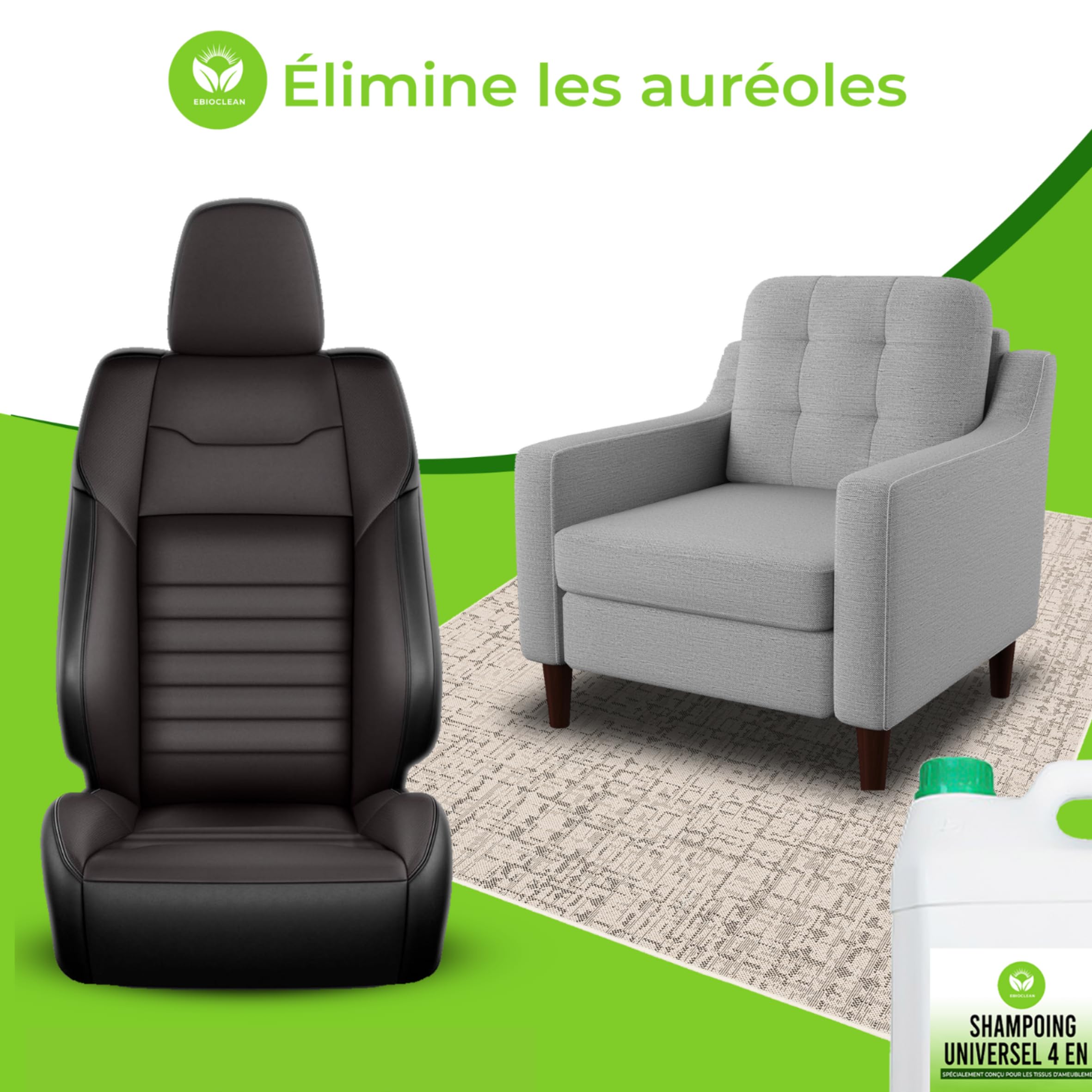 NETTOYANT, ANTI ODEUR spécialement conçu pour tous les tissus d'ameublement (tapis, moquette, canapé, matelas, siège-auto) pour SHAMPOUINEUSE, ASPIRATEUR À EAU concentré et contenu dans 5L