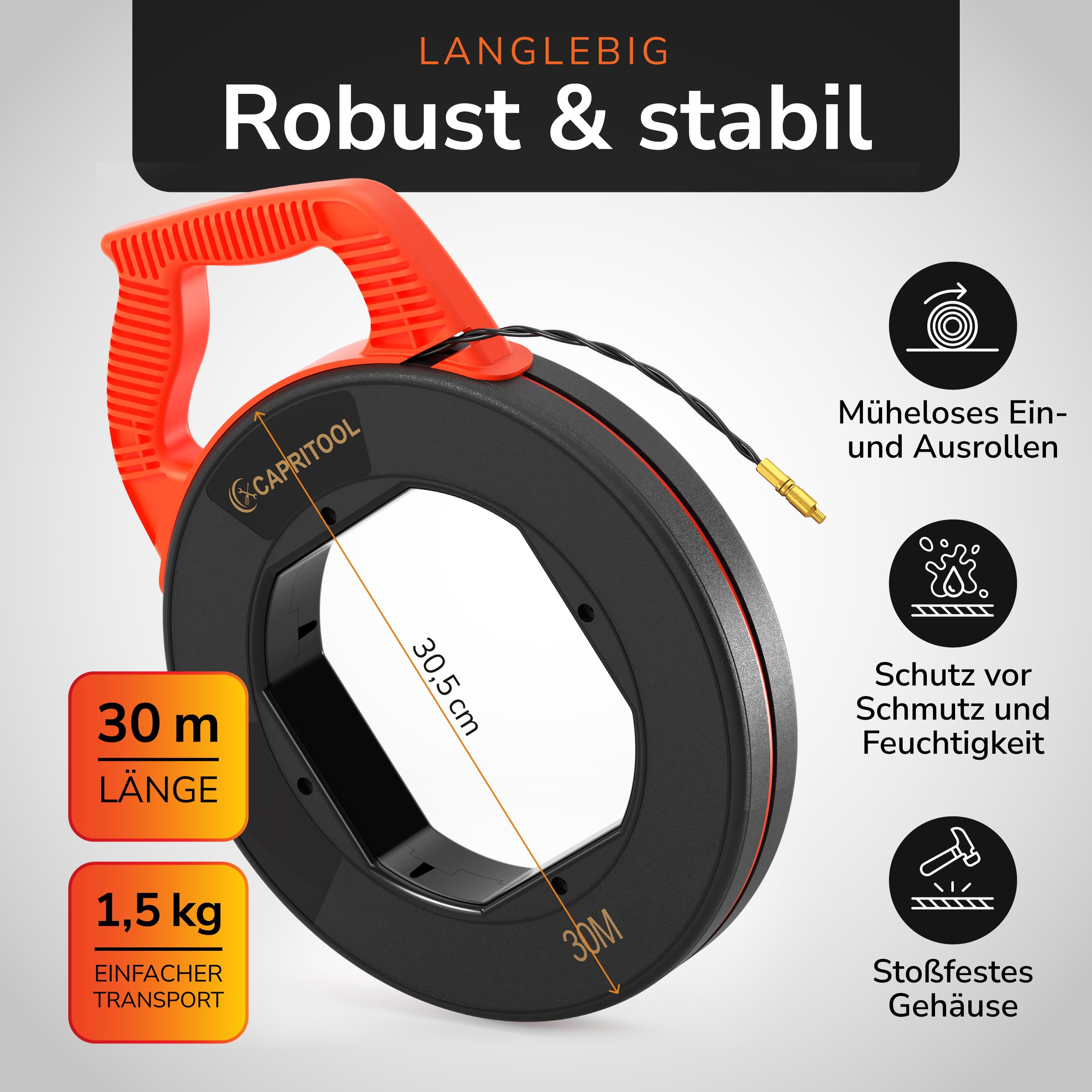 Kabeleinziehhilfe 30m – Flexible Einziehfeder und Zugdraht für Leerrohre – Kabelziehhilfe inkl. 5 Adapter – Langlebige Kabel Einzugshilfe für Elektroarbeiten – Hochwertige Einziehspirale