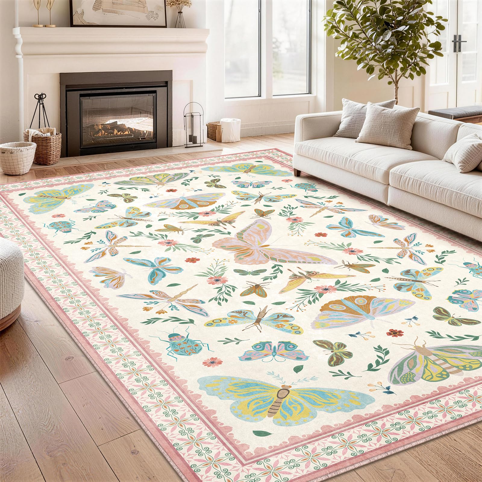 SOANNY Butterfly Rug Living Room, Soft Low Pile Washable Non Slip Area Carpet for Bedroom Kitchen Entryway Beside Sofa Office Dorm, Modern Stain Resistant Mat Floor Decor, 120x160 cm, Beige Pink โ image 1