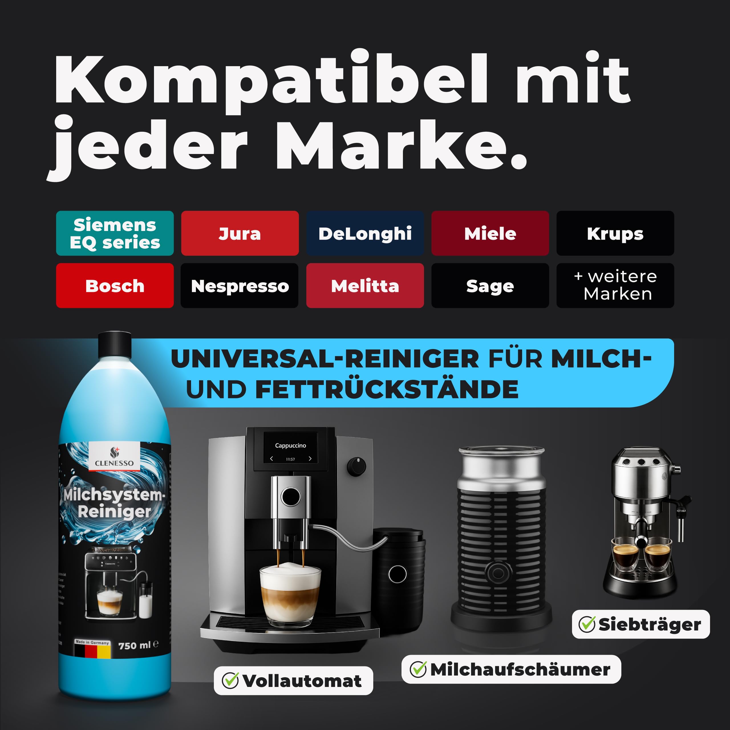 Milchsystemreiniger (3 x 750ml) – Milchschaumreiniger kompatibel mit Jura, Philips, Melitta uvm. – Milchreiniger Kaffeevollautomat für optimale und günstige Reinigung des Milchsystems