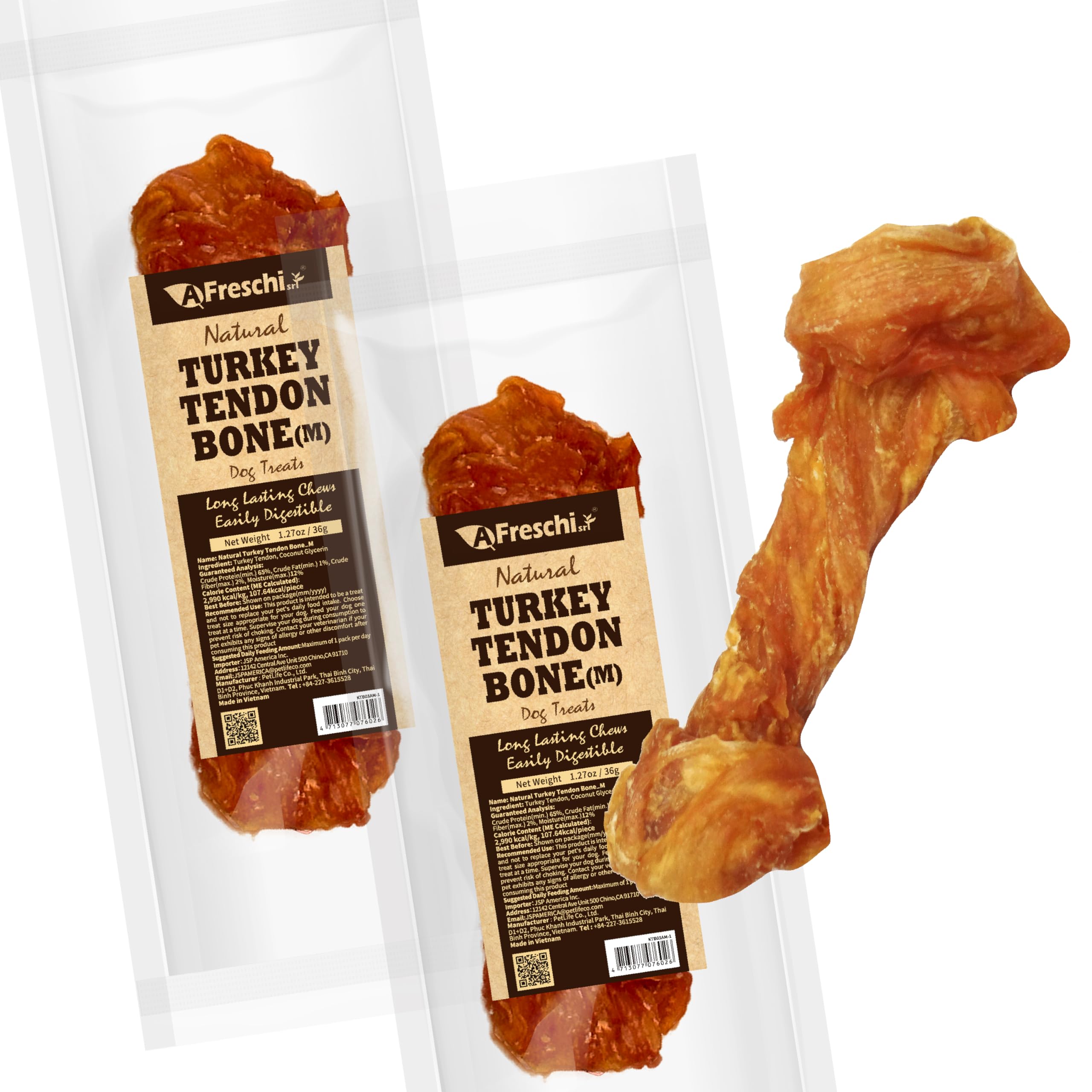 AFreschi Turkey Tendons for Dogs, USA-Sourced, Healthy Dog Treats, Rawhide-Free Puppy Chews, Long Lasting, All Natural, Hypoallergenic Dog Treats for Medium Breeds, 2 Count Pack Bone (M)