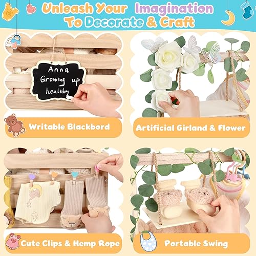 Miniatura 5 de Armario de madera para baby shower con asa, perchas y guirnalda, cesta de bebé de gran capacidad para baby shower, caja de madera personalizable