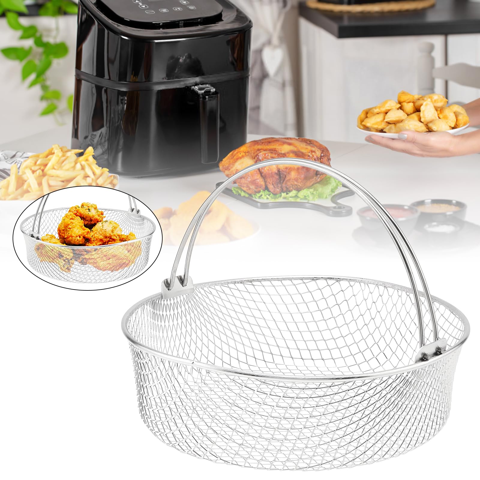 Air Fryer Basket, 8Qt Air Fryer Replacement Accessory Mesh Basket with Handle, 18/8 Round Stainles Steel Steamer Basket for Air Fryer, Instant Pot, Oven, Steamer Basket, Household Frying Food Basket