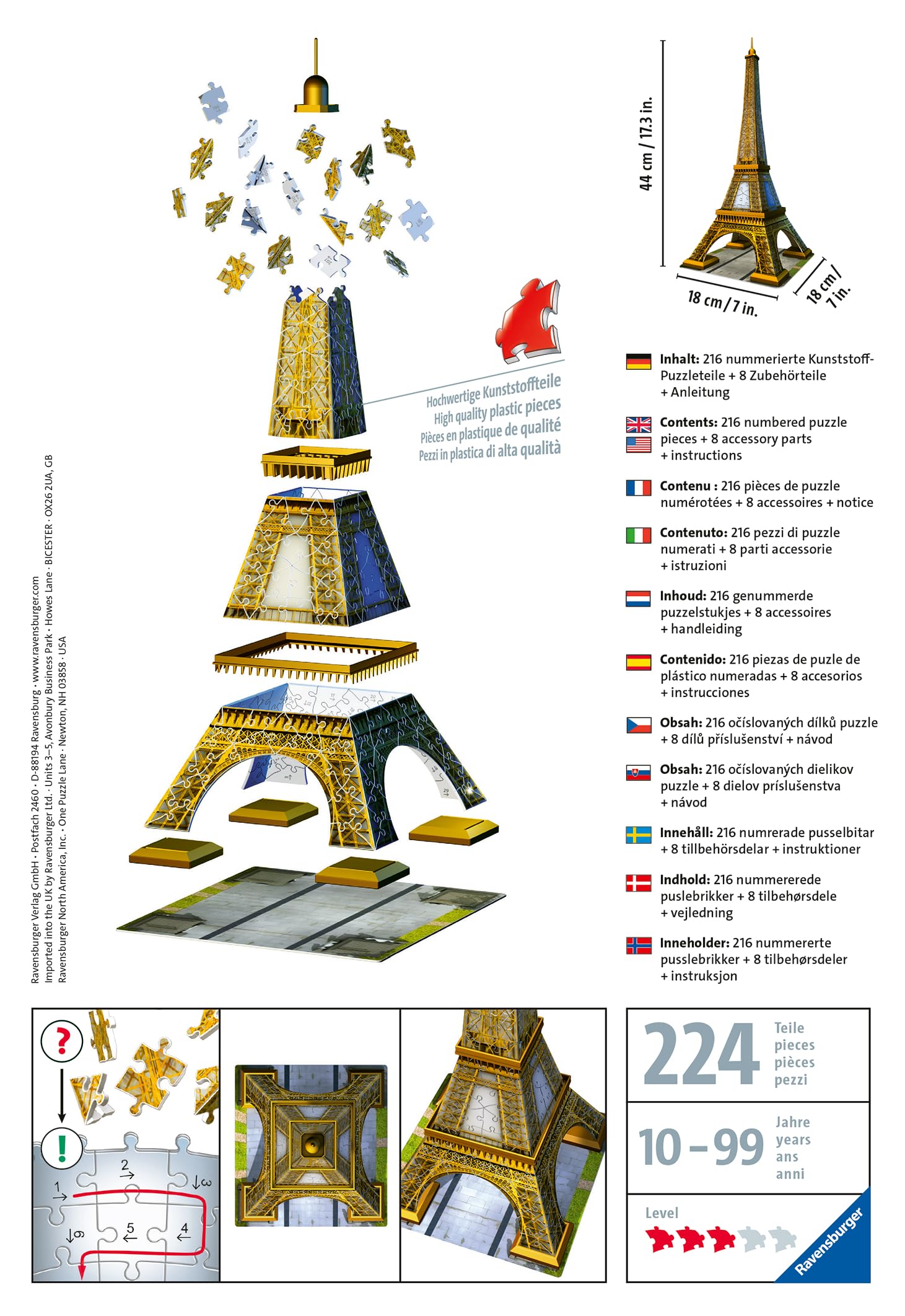 Ravensburger Wieża Eiffela 216 elementów Puzzle 3D Budynki 12556 Dla dzieci i dorosłych. Technologia Easy Click - każdy element pasuje idealnie