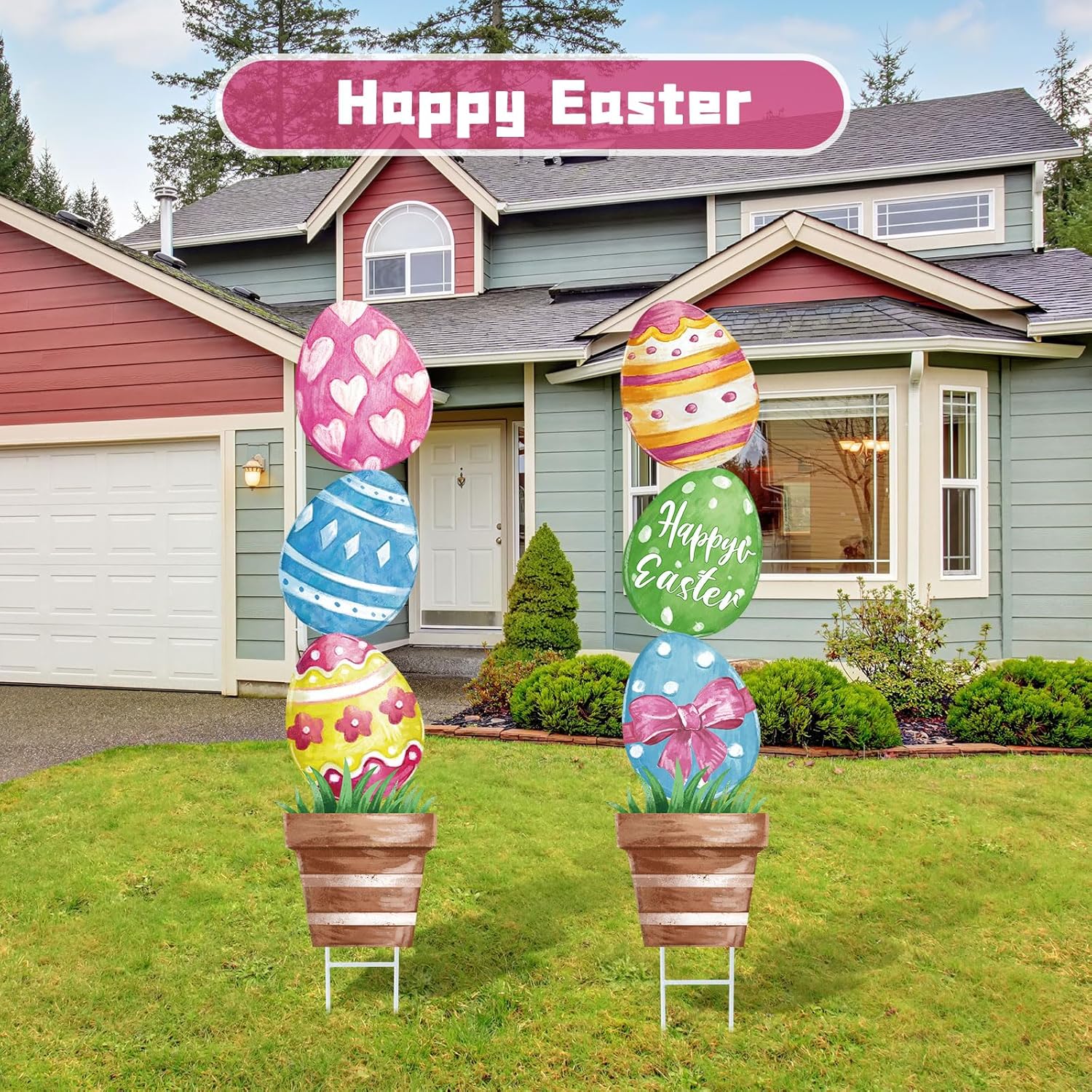 2 Pcs Large Metal Easter Eggs Decorations Outdoor Yard Signs 29 Inch Easter Rustic Oil Painting Eggs Lawn Garden Pot Decor for Spring Home Pathway Lawn Patio Party Decorations