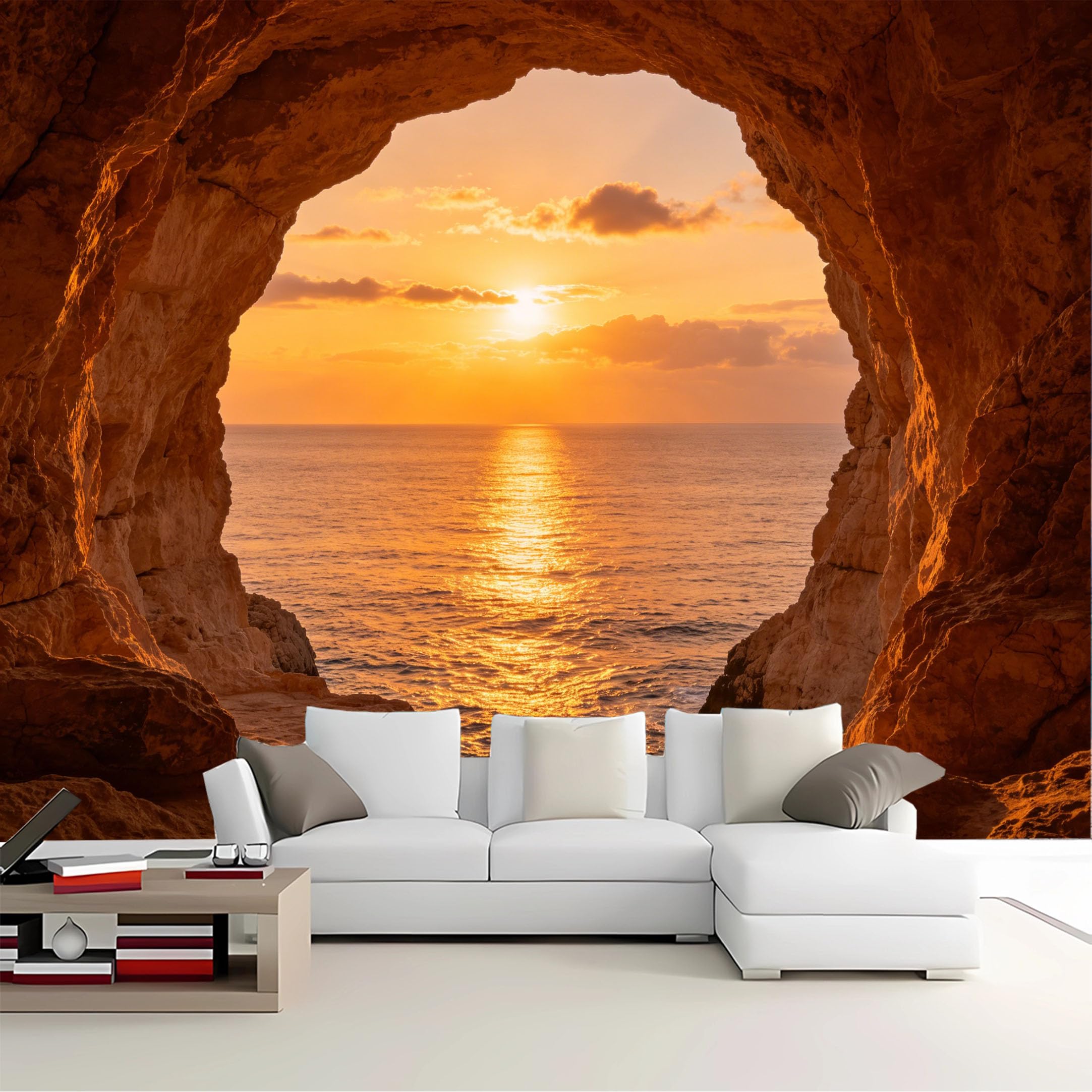 Custom Size Wall Mural Cave View Ocean Sunset Removable Self Adhesive Peel and Stick Wallpaper for Bedroom Living Room Dining Room