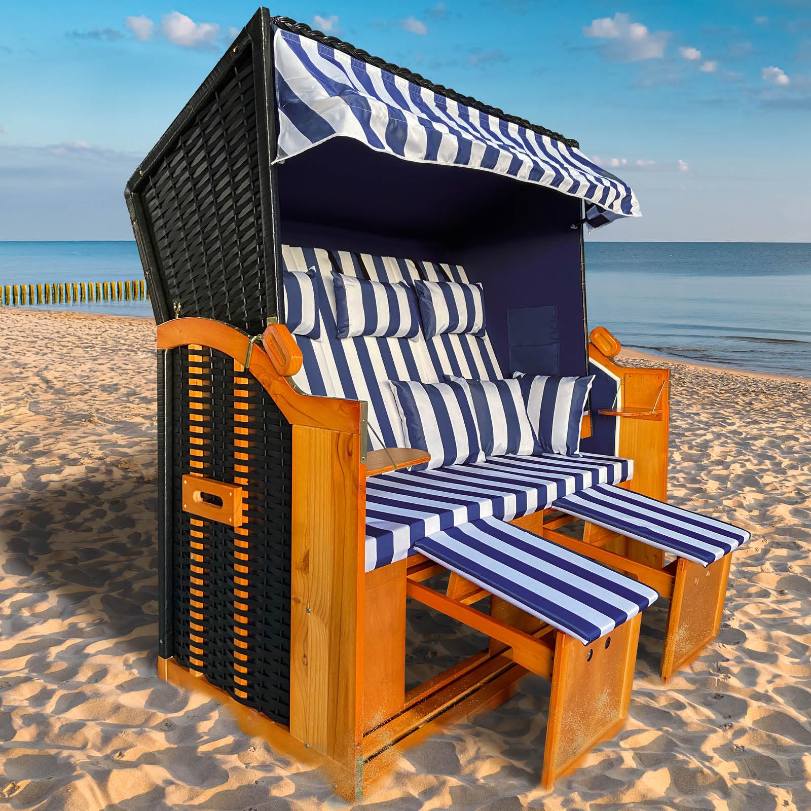 BRAST® Strandkorb Ostsee 3-Sitzer XL für 2-3 Personen | 155cm breit | 2 Designs | Tragkraft bis zu 500kg | verstellbare Rückenlehne | Blau/Weiß gestreift