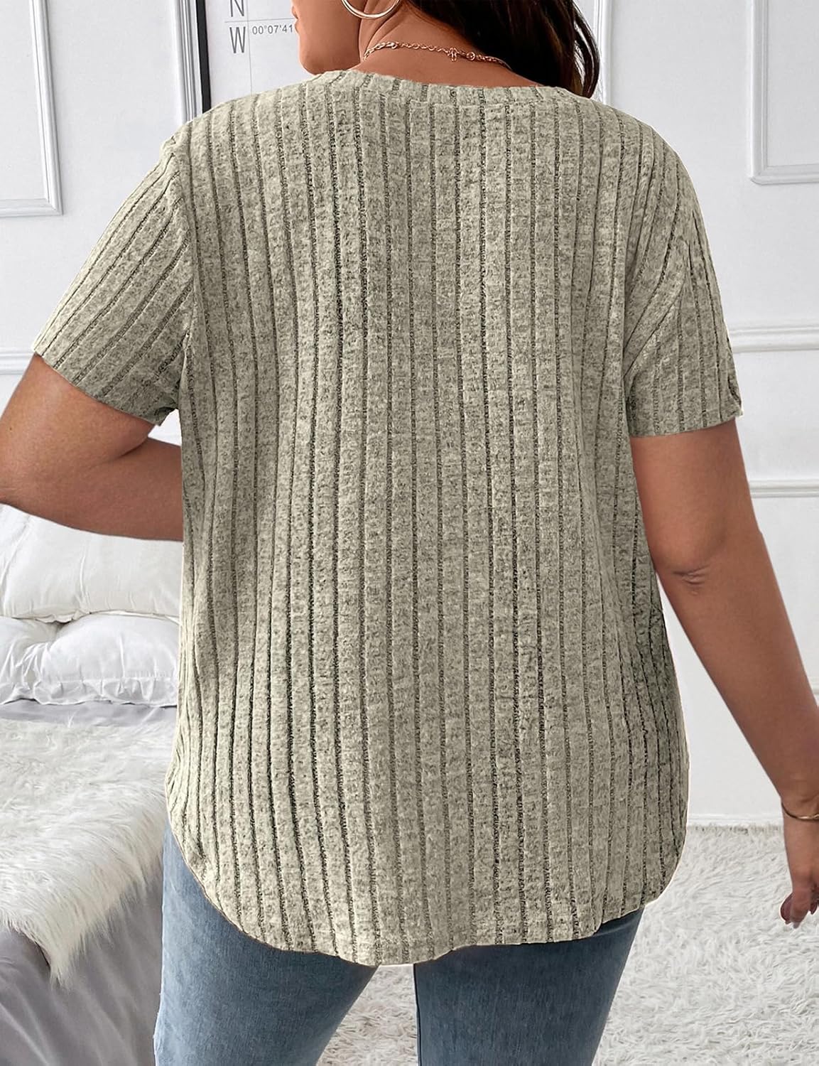 Koscacy Women's Plus Size Casual Tops V Neck Solid Color Shirts Lightweight Short Sleeve Blouses - Image 2