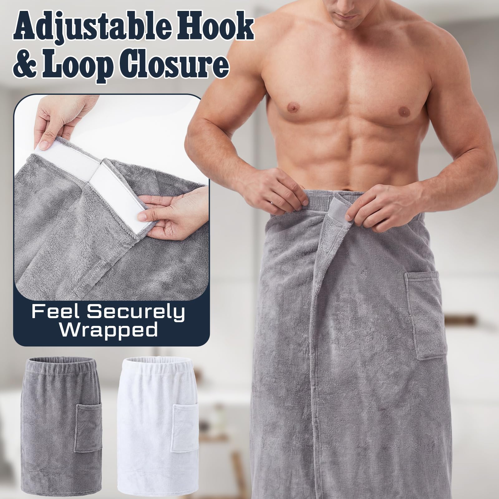 2 unidades para hombre, toalla de sauna, ajustable, con bolsillo, para después de la ducha, toalla de baño de rizo para hombres, ducha, baño, gimnasio (L, gris, blanco)