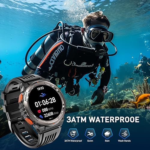 Miniatura 5 de Relojes inteligentes militares para hombres con linterna LED, reloj inteligente táctico resistente con 1.45 pulgadas HD, 3ATM impermeable y brújula,