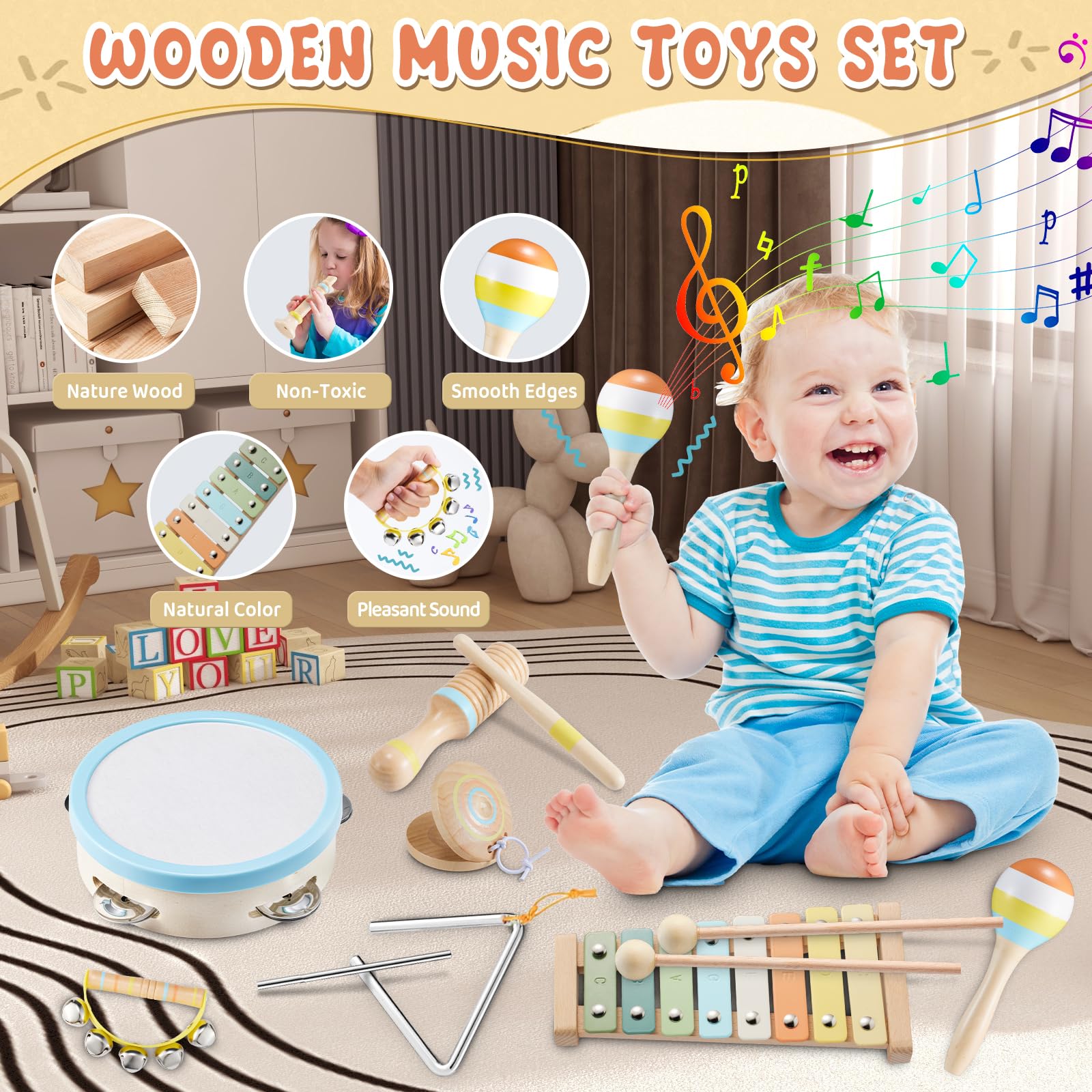 Juego de instrumentos musicales para bebés, juguetes de música de madera Montessori para niños pequeños de 3, 4, 5 años, kit de música de percusión de color neutro con tambor, xilófono, bolsa de 5
