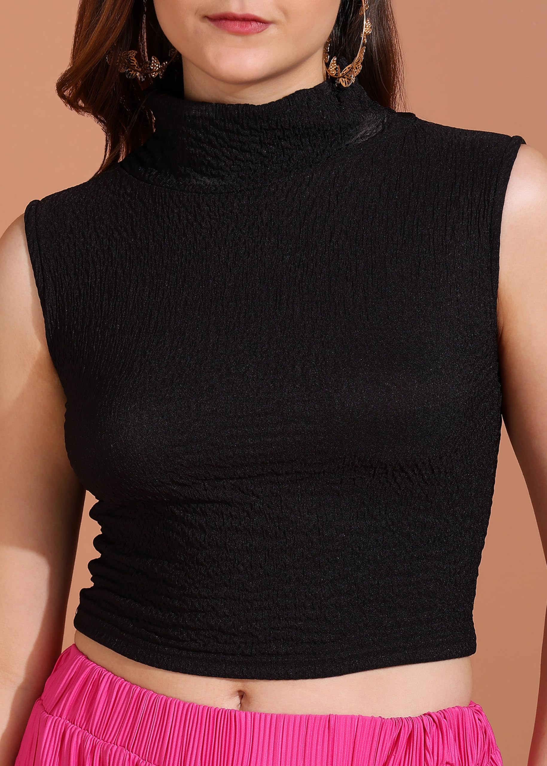 FRAULEIN Women's/Girl's Sleeveless Mock Neck Textured Crop Top High Neck Design (in, Alpha, M, Regular, Black) 4