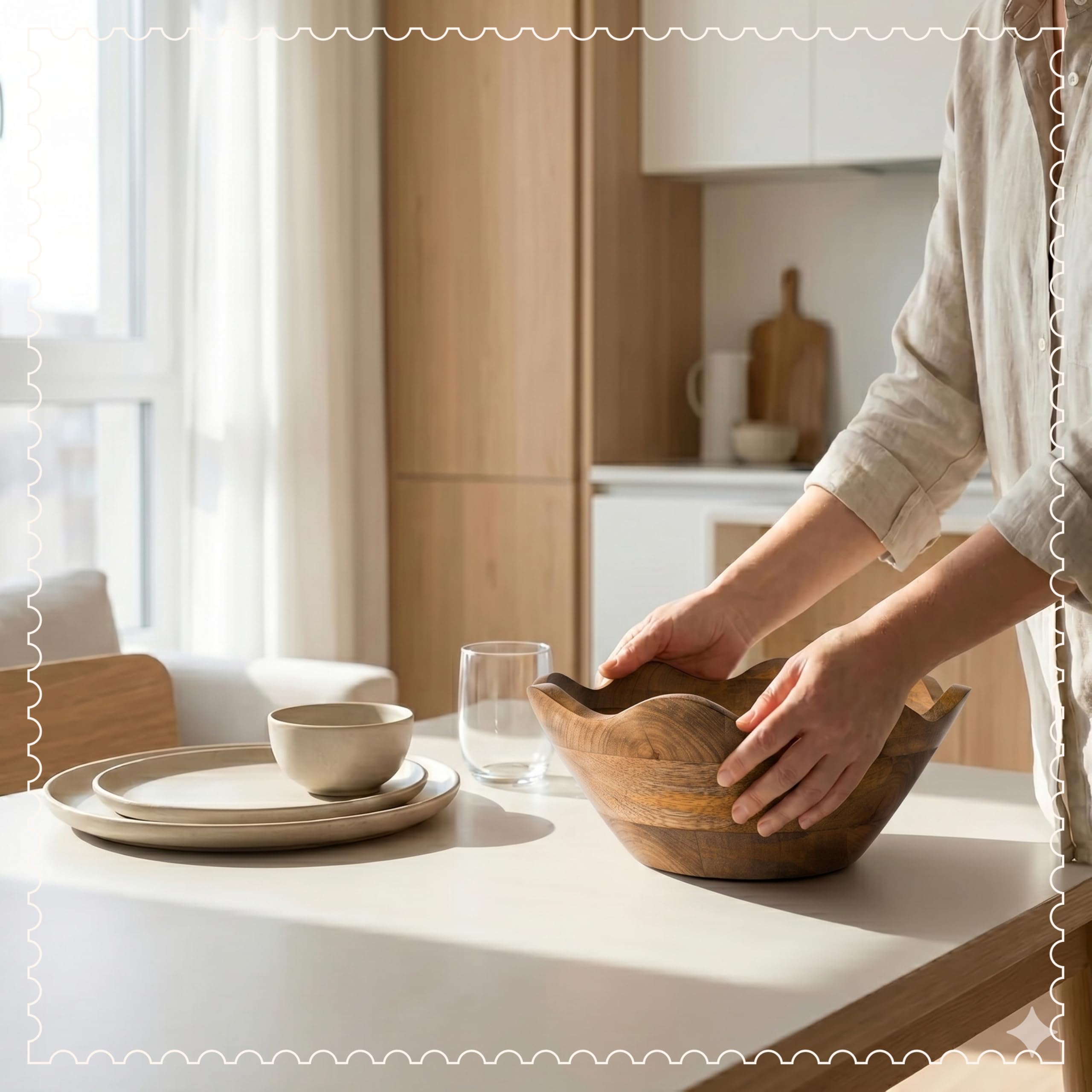 Mela Artisans Cuenco festoneado de madera, mediano, estilo decorativo con volantes, decoración rústica de cocina, madera de mango, acabado de grano natural, se adapta a pan, frutas, ensalada o