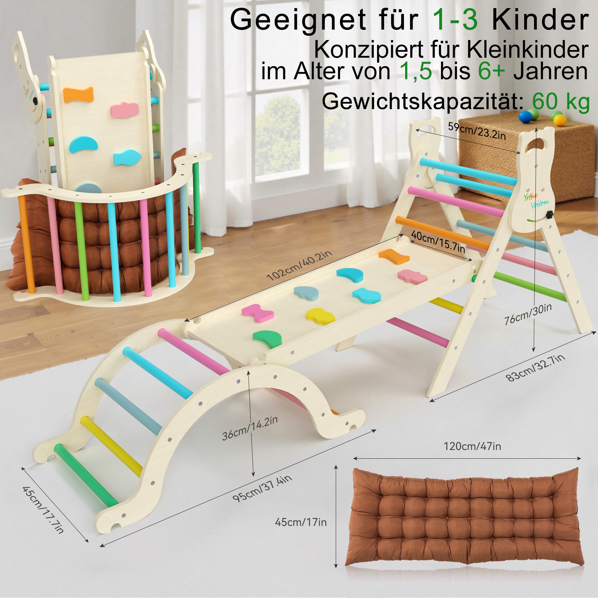 Klettergerüst Indoor Montessori Spielzeug ab 1.5 2 3 4 + Jahr, Upgrade 7-in-1 Kletterdreieck mit Rutsche, Kletterbogen, Kissen, Kletterwand, Geschenk Kinder Junge Mädchen, Regenbogen