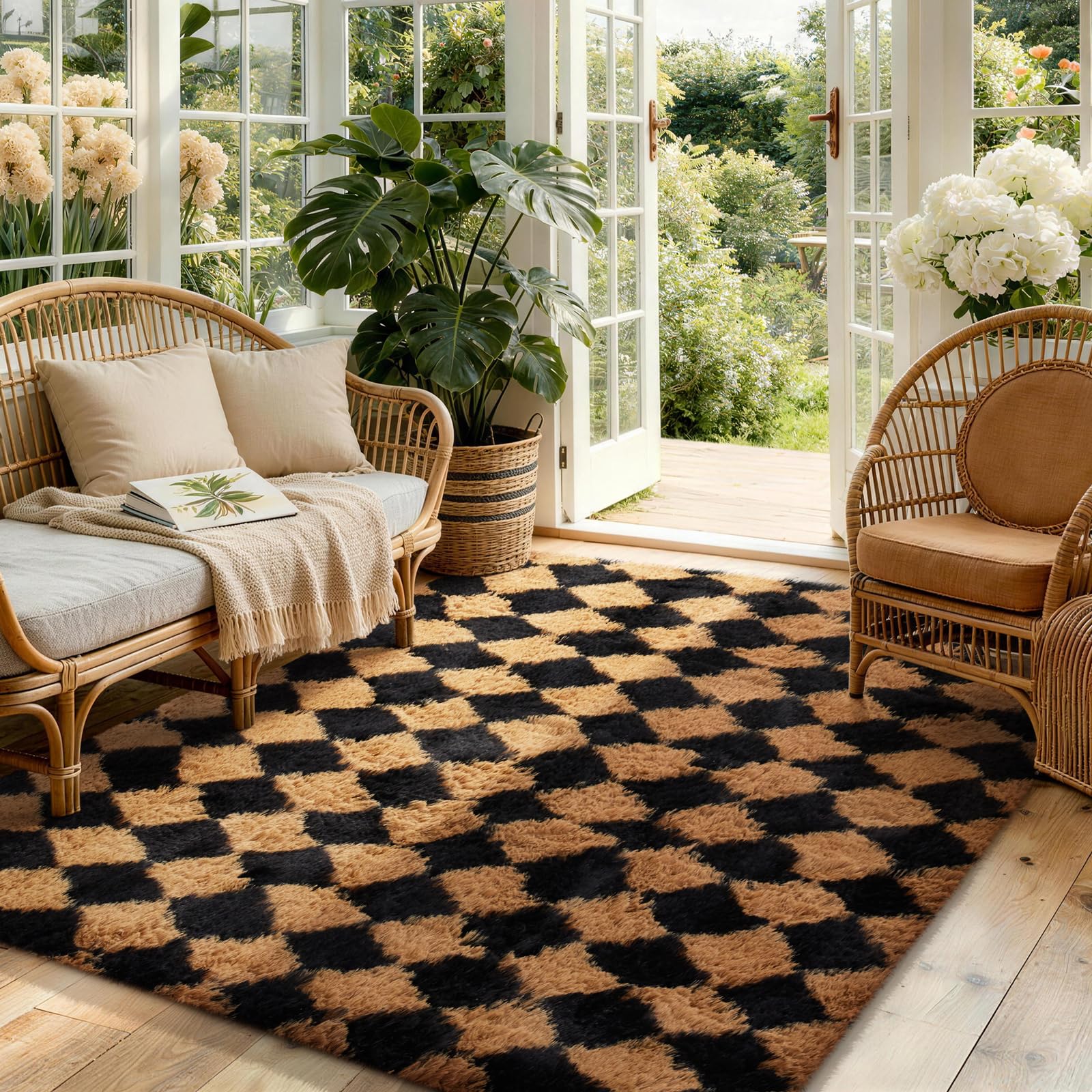 ophanie checkered black & beige rhombus rugs for living room bedroom, fluffy soft cute fuzzy area rug, plush shaggy bedside floor 4x6 furry carpet for kids baby teen dorm nursery home decor aesthetic