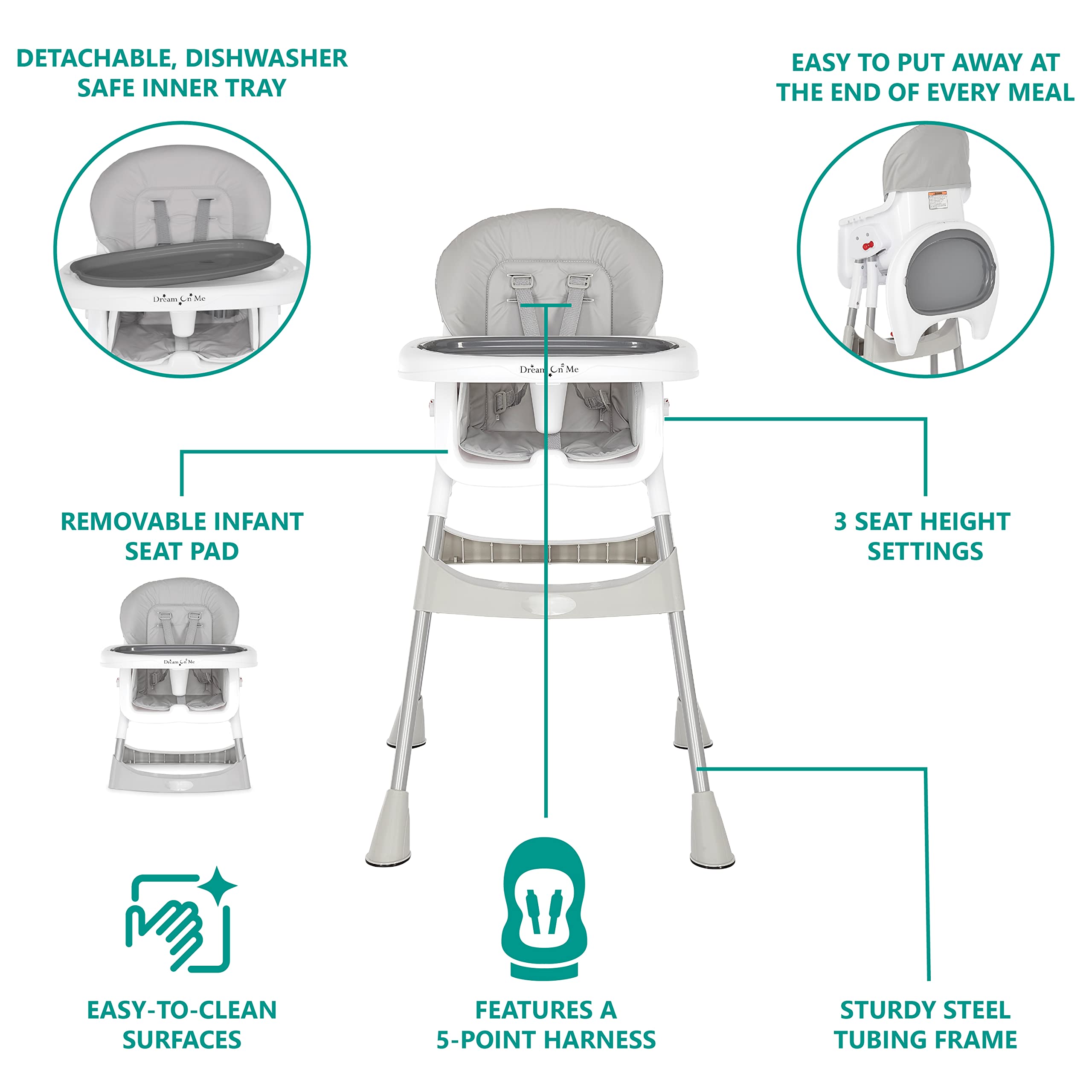 Dream On Me Portable 2-in-1 Tabletalk High Chair, Convertible Compact High Chair, Light Weight Portable Highchair, Grey