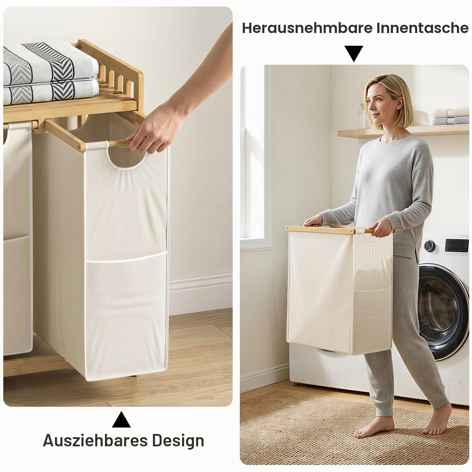 Wäschekorb 3 Fächer Bambus, Wäschesammler 127 L, Wäsche Sortiersystem, Wäschesortierer mit Schublade, Wäscheregal, Wäschesack für Bad Schlafzimmer Waschküche 78 x 41 x 78 cm