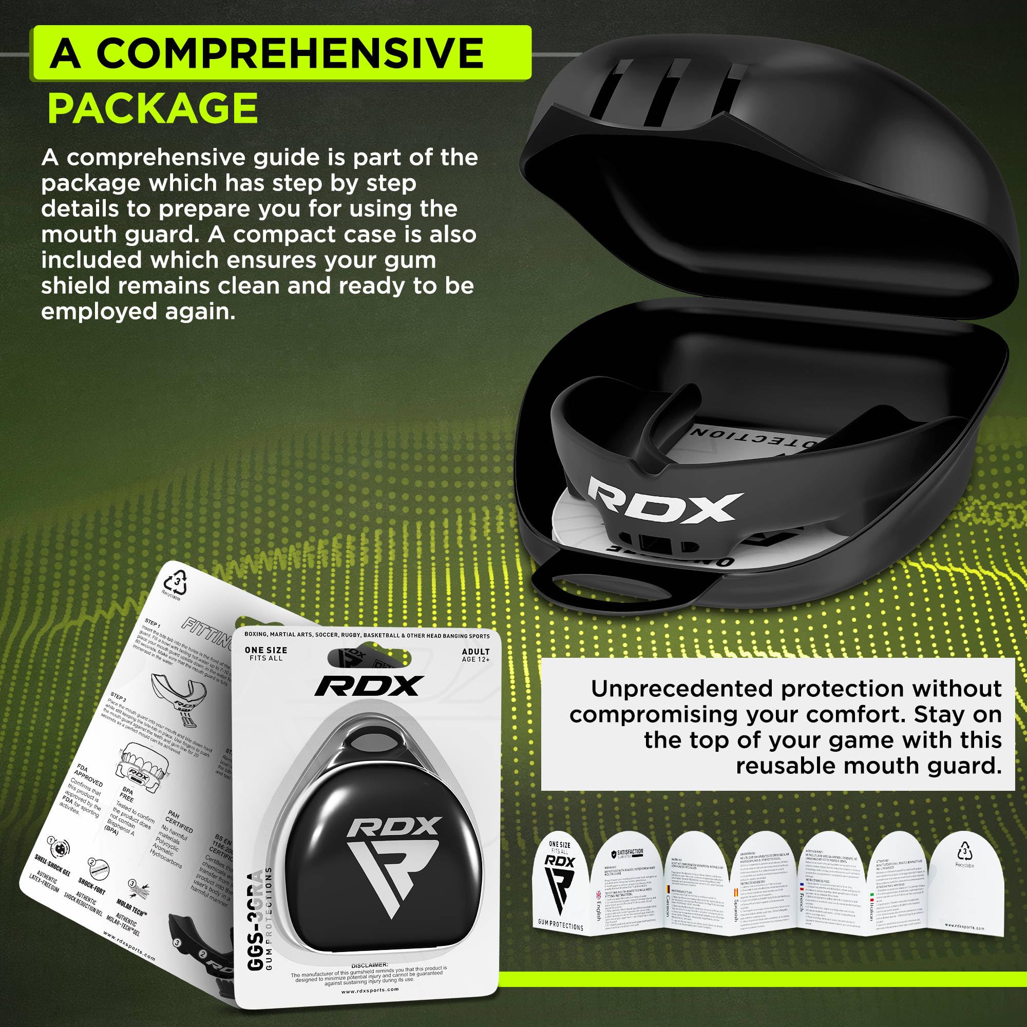 RDX Paradenti Boxe, Paradent per Gli Sport da Unisex Combattimento, Rugby, Football Americano, Kick Boxing, Muay Thai, Karate e MMA, Ideale Facilmente Adattabile con Custodia, Adulti sopra i 12 Anni