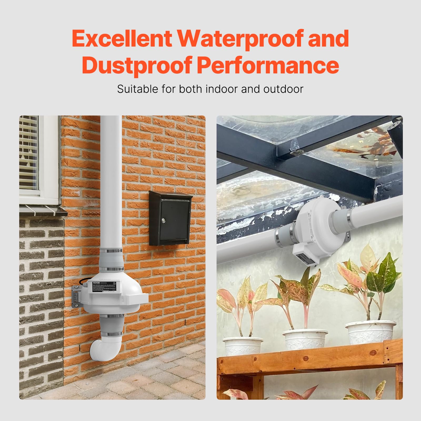 VEVOR Kit de Instalación de Ventilador de Mitigación Radón Silencioso 260 CFM con 2 Acopladores, Indicador de Presión, Ventilador de Extracción para Ventilación Interior y Exterior, 305 x 320 x 235 mm