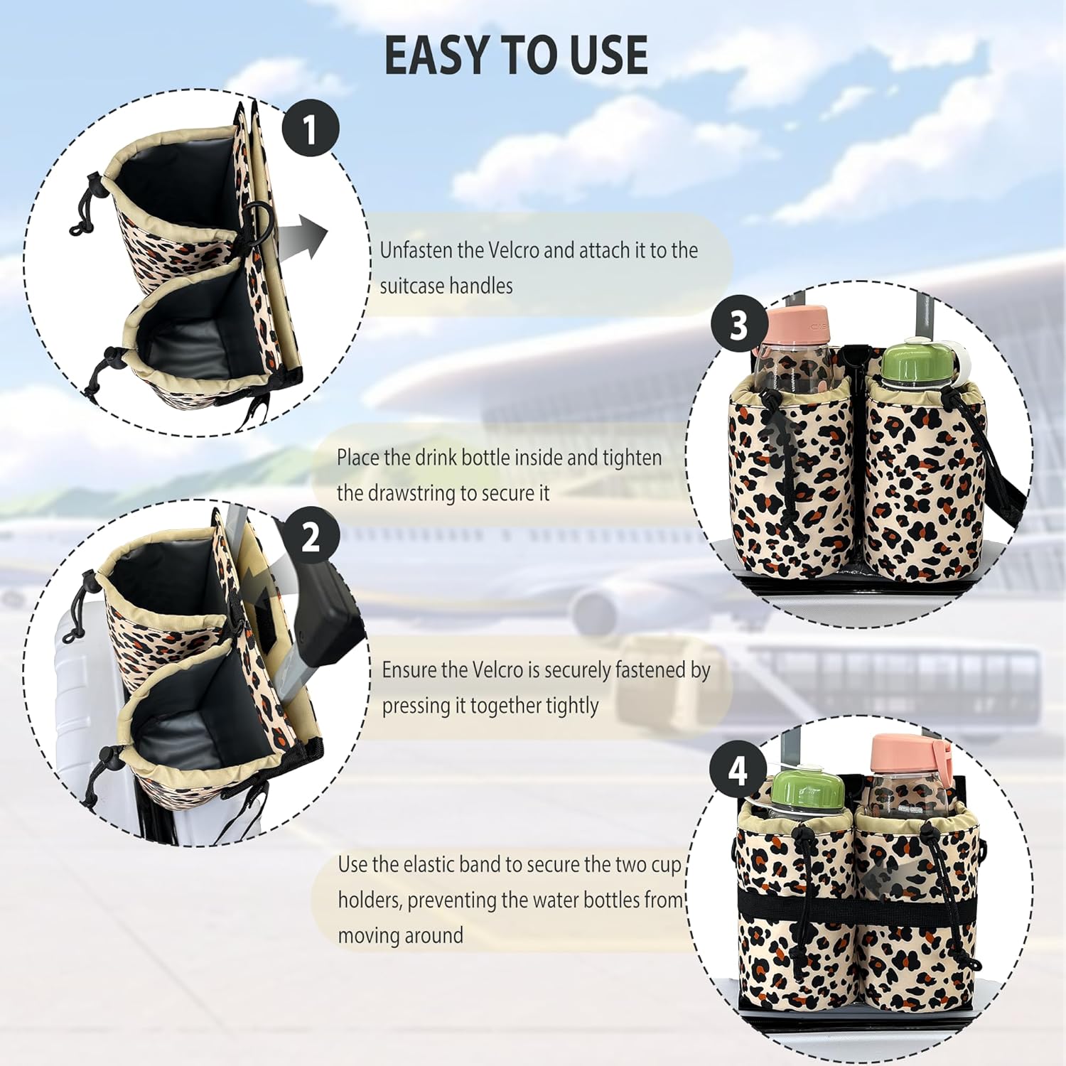 GuirCygne Travel Cup Holder for Luggage – Robust Reliable, Secure Convenient, 2-Cup Capacity, Fit Most Roll-on Suitcases, Heavy-Duty Waterproof Easy to Install, Perfect for Frequent Travelers Leopard - Image 4
