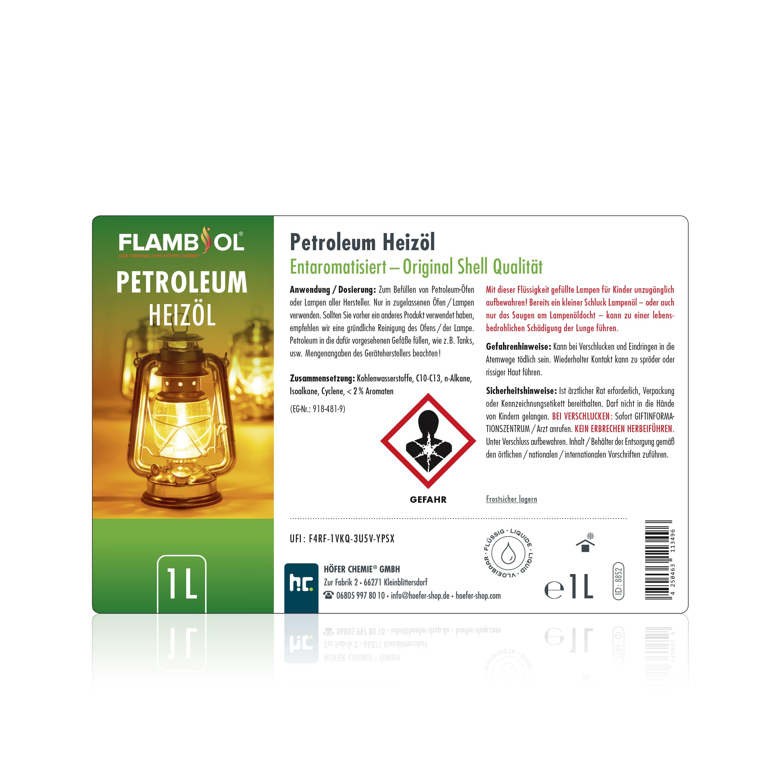 Höfer Chemie FLAMBIOL Gereinigtes Petroleum 6 x 1 L Heizöl - Entaromatisierte Qualität - Für Campingheizung, Petroleumlampe & Grillanzünder - Rußfreie Verbrennung