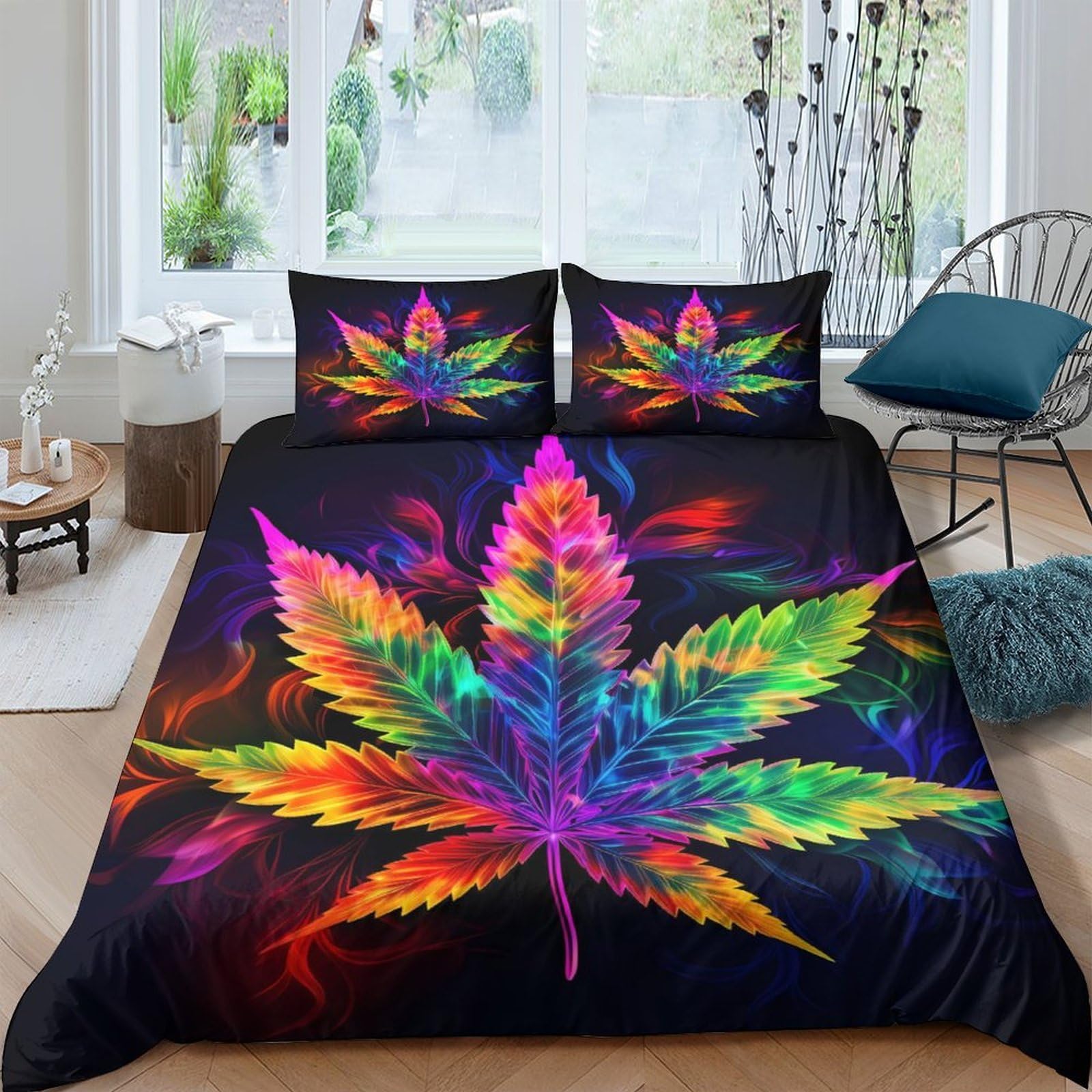 Ctjqhvkz Style-3 3D Printed Rainbow Leaf Fitted Sheet Microfiber Soft Vibrant Colorful Psychedelic Bed Cover For Bedroom Dorm Decor Single（135X200cm）