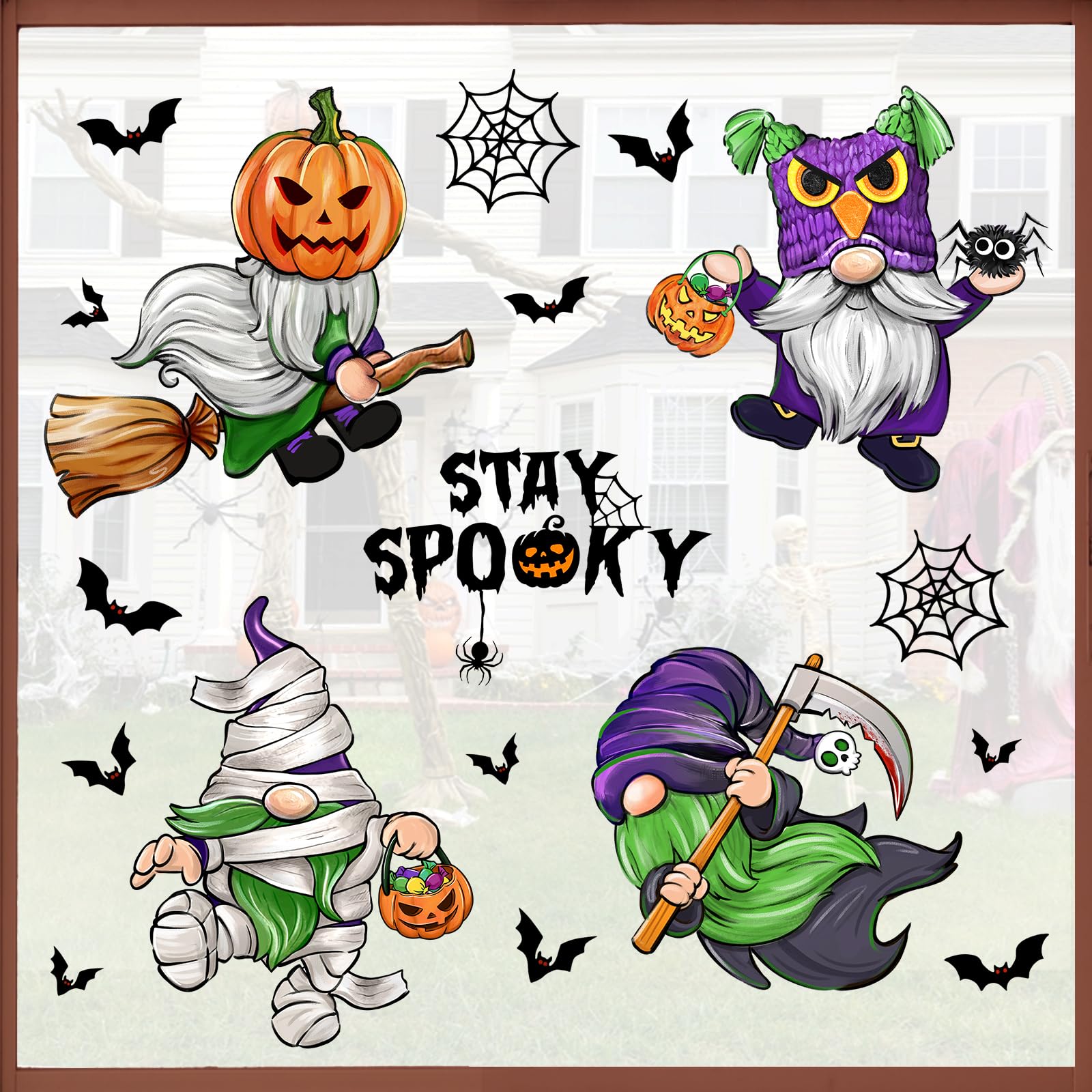 Mfault Halloween Gnome Window Clings 4 Sheets, Mummy Jack O Lantern Pumpkin Stickers Decals Decorations, Funny Bat Spider Web Home Kitchen Bedroom Living Room Decor Party Supplies