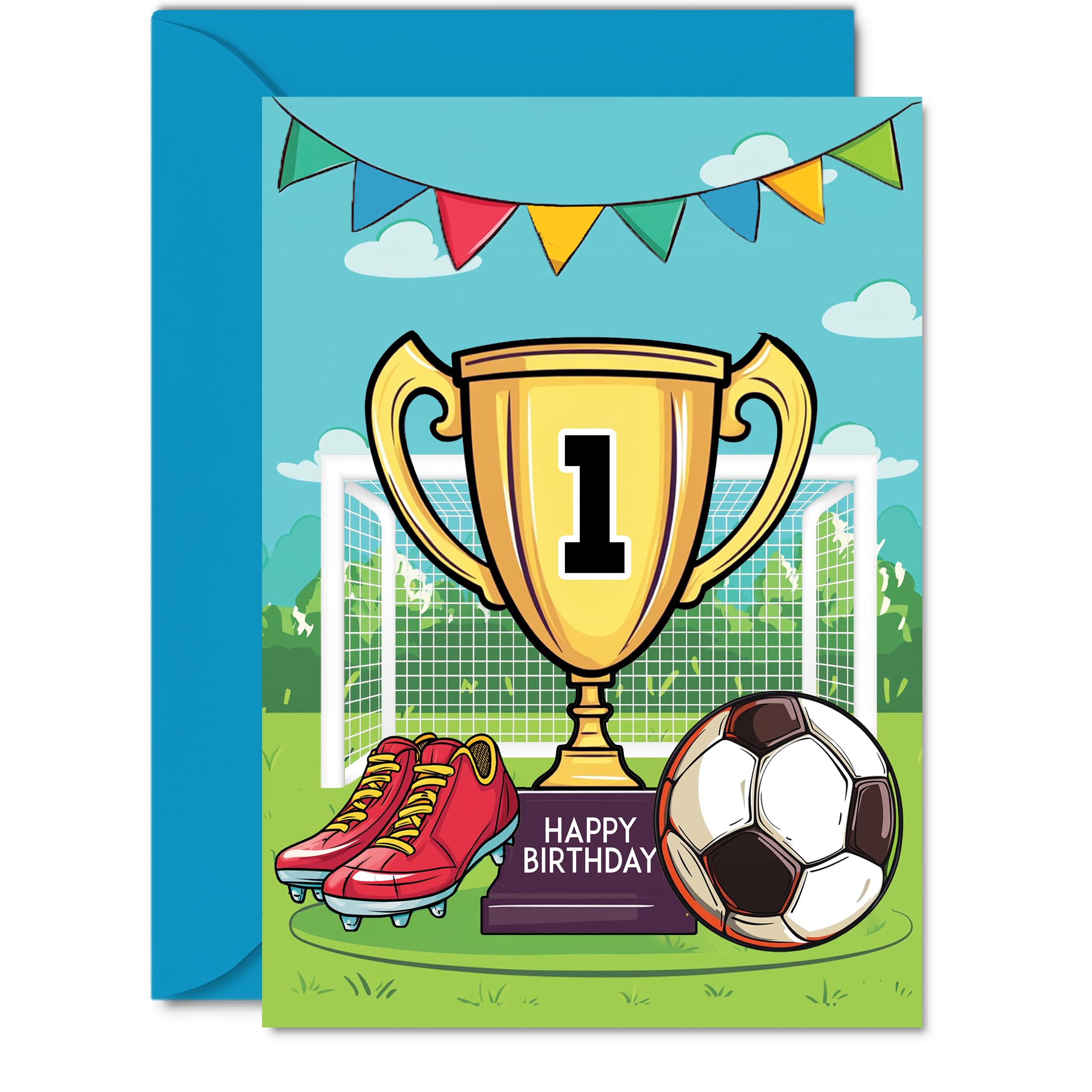 1st Birthday Card Boy - Champions Winners Trophy - Football Birthday Card for 1 Year Old Boy, Age 1 Boys Cards, A5 Footy Greeting