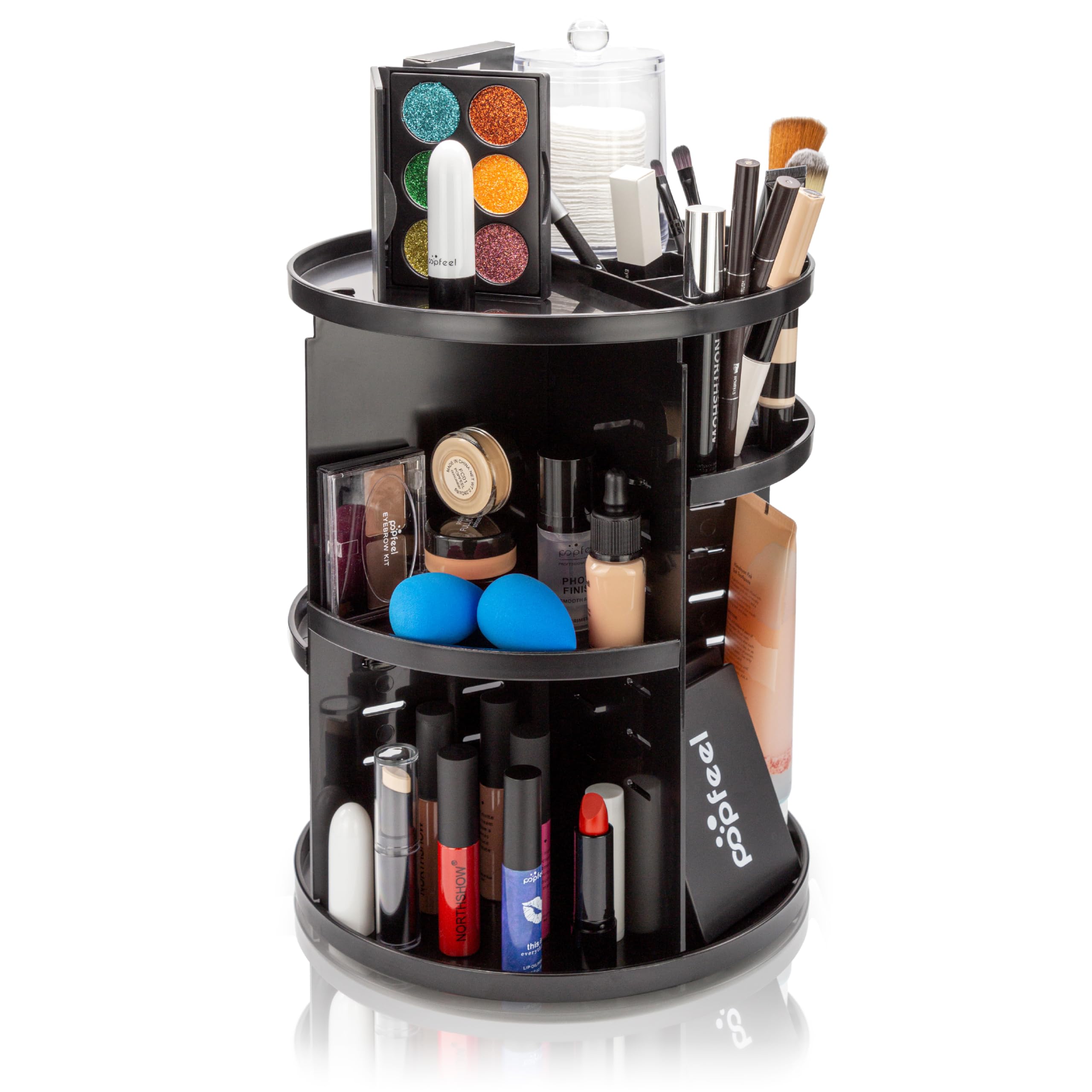 Brookstone 360° Spin Cosmetic Display Case for Vanity, Store Brushes, Lipsticks, and Other Fashion Accessories, Versatile Storage Solution, black